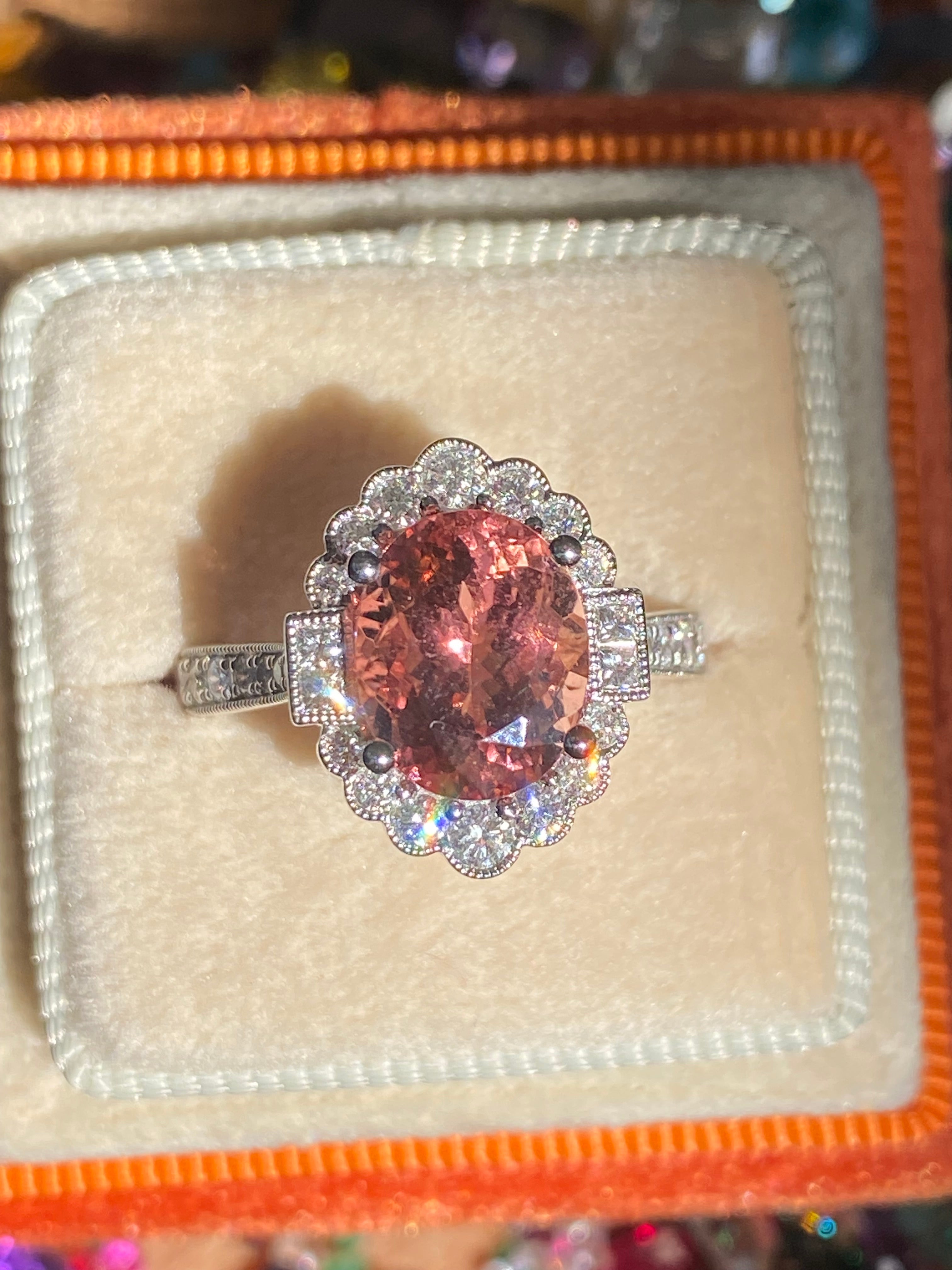 3.69 CTW Rose Tourmaline and Natural Diamond Halo Ring in Platinum