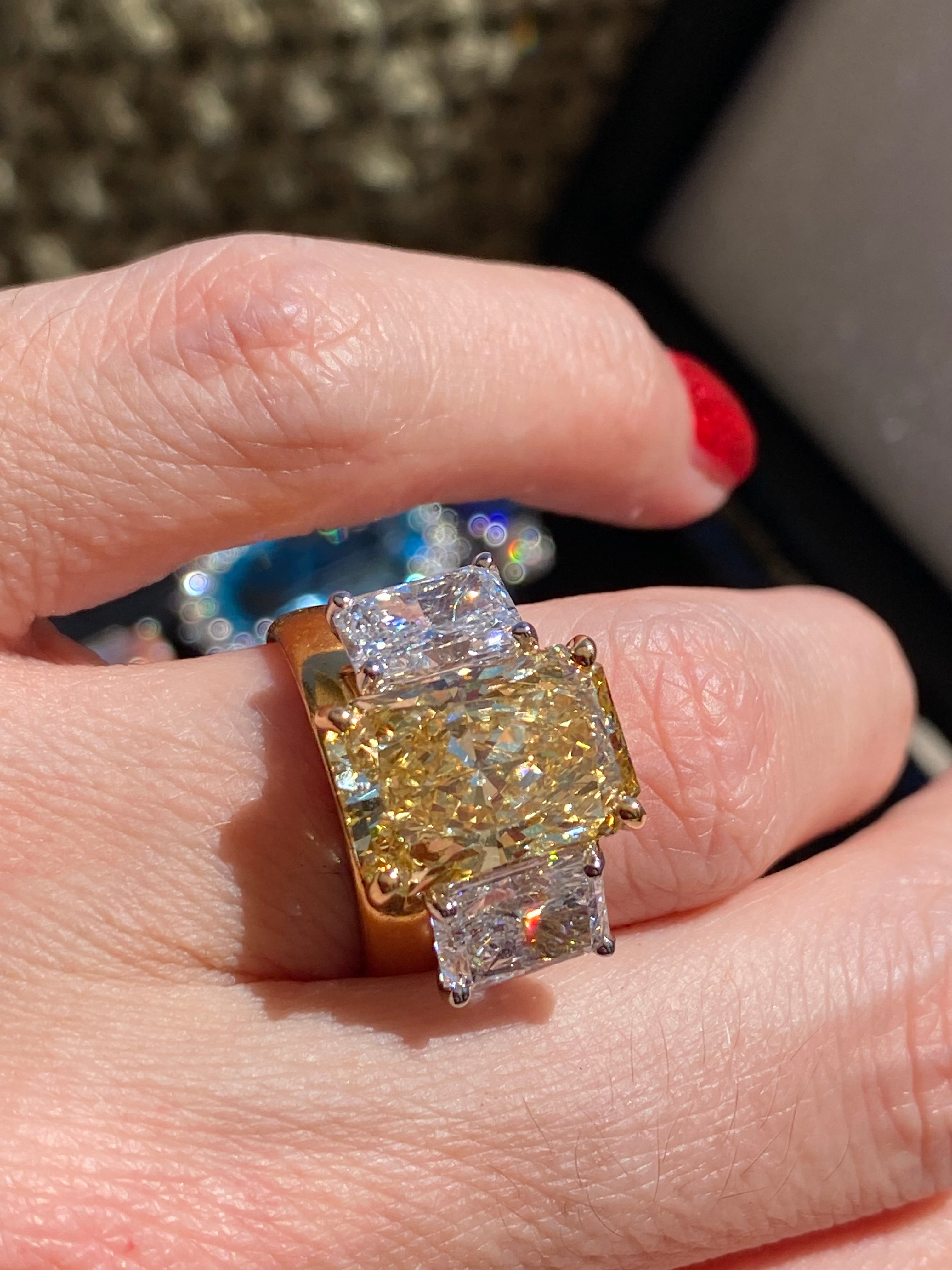 8.29 CTW Radiant Cut Fancy Yellow Lab Diamond Three Stone Engagement Ring in Platinum and 18ct Yellow Gold
