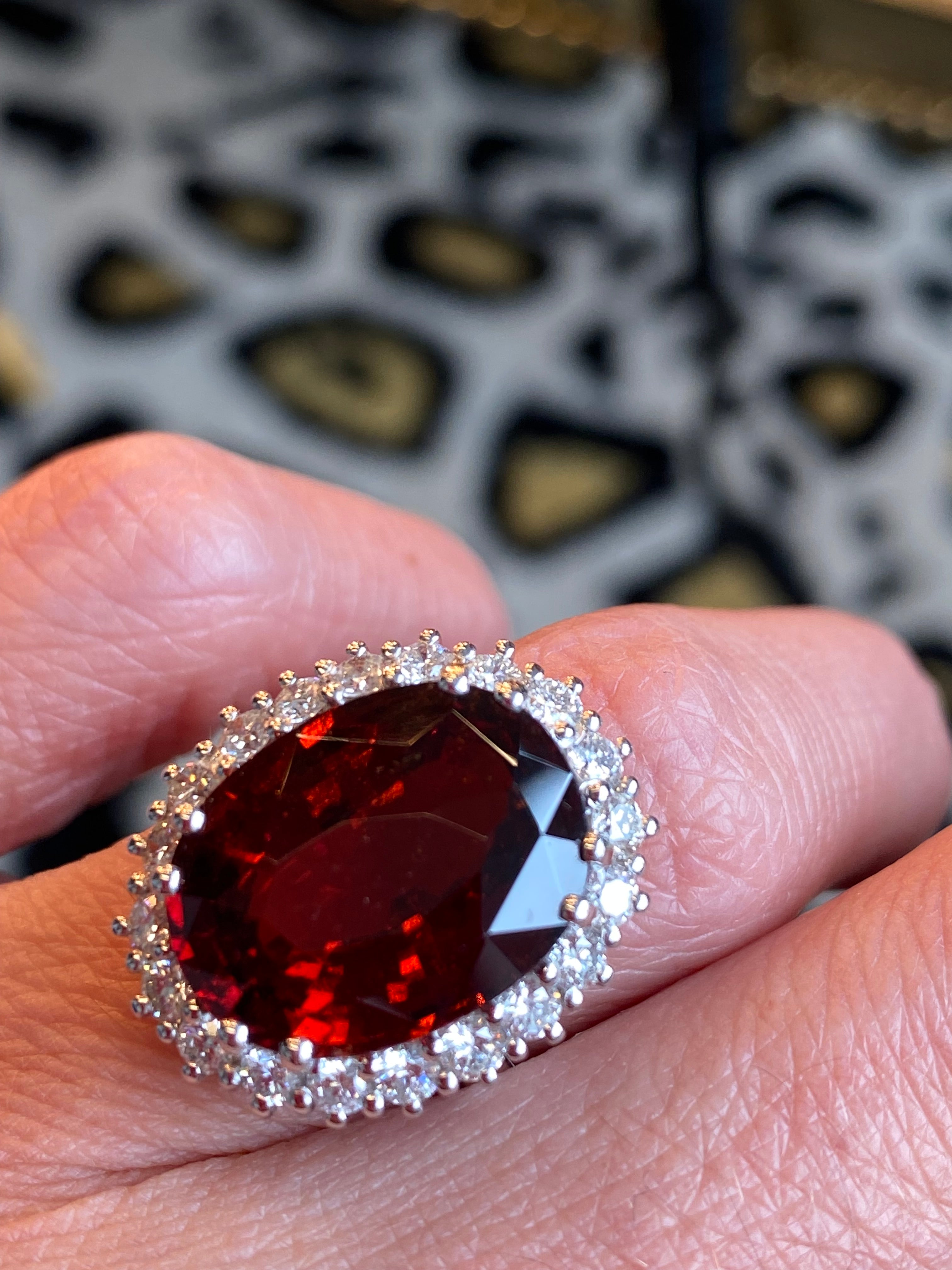 10.41 Carat Hessonite Garnet and Diamond Ring in 18ct White Gold