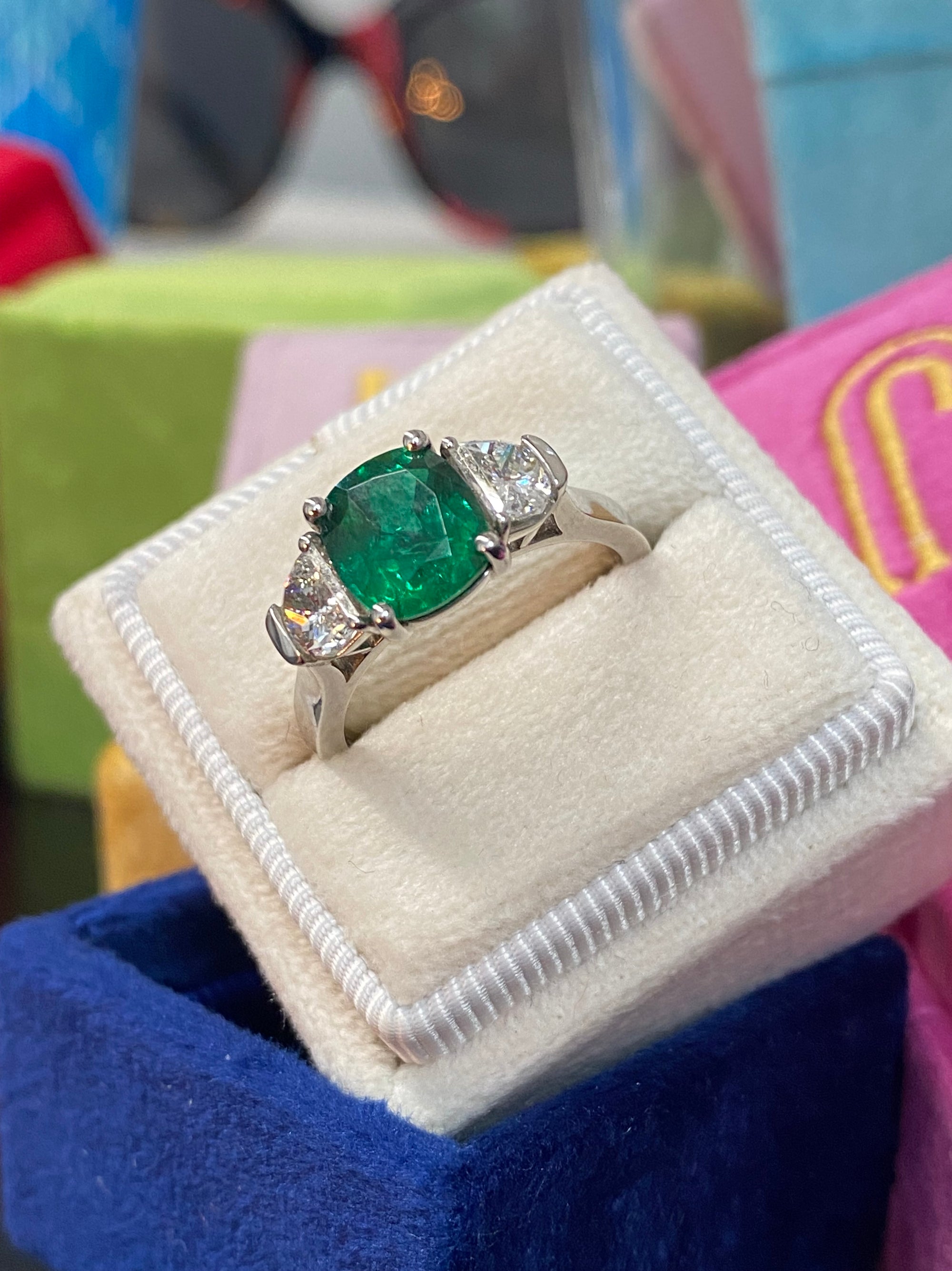 2.77 CTW Colombian Emerald and Natural Diamond Three Stone Engagement Ring Platinum