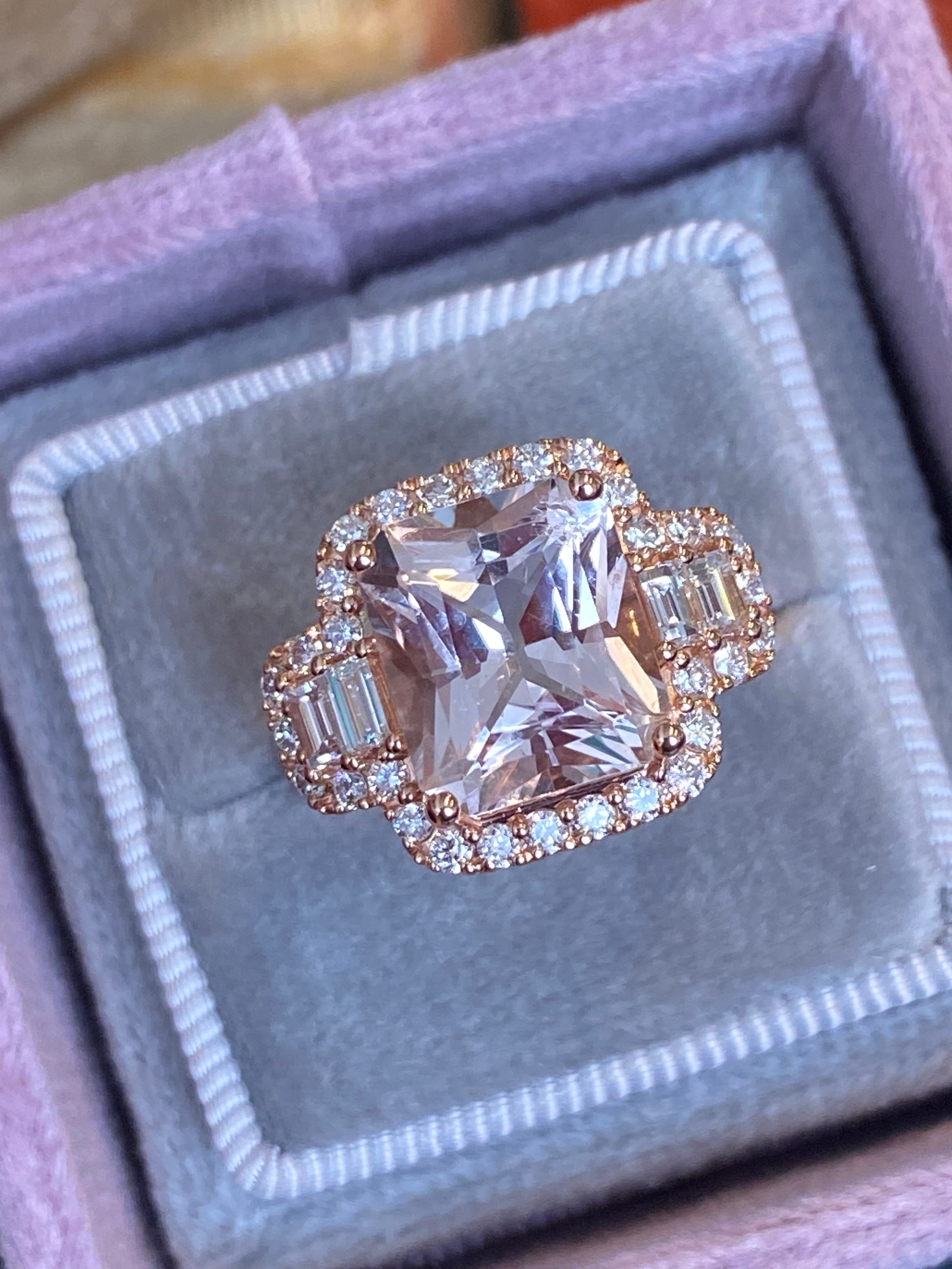 4.66 CTW Radiant Cut Morganite and Natural Diamond Ring in 18ct Rose Gold