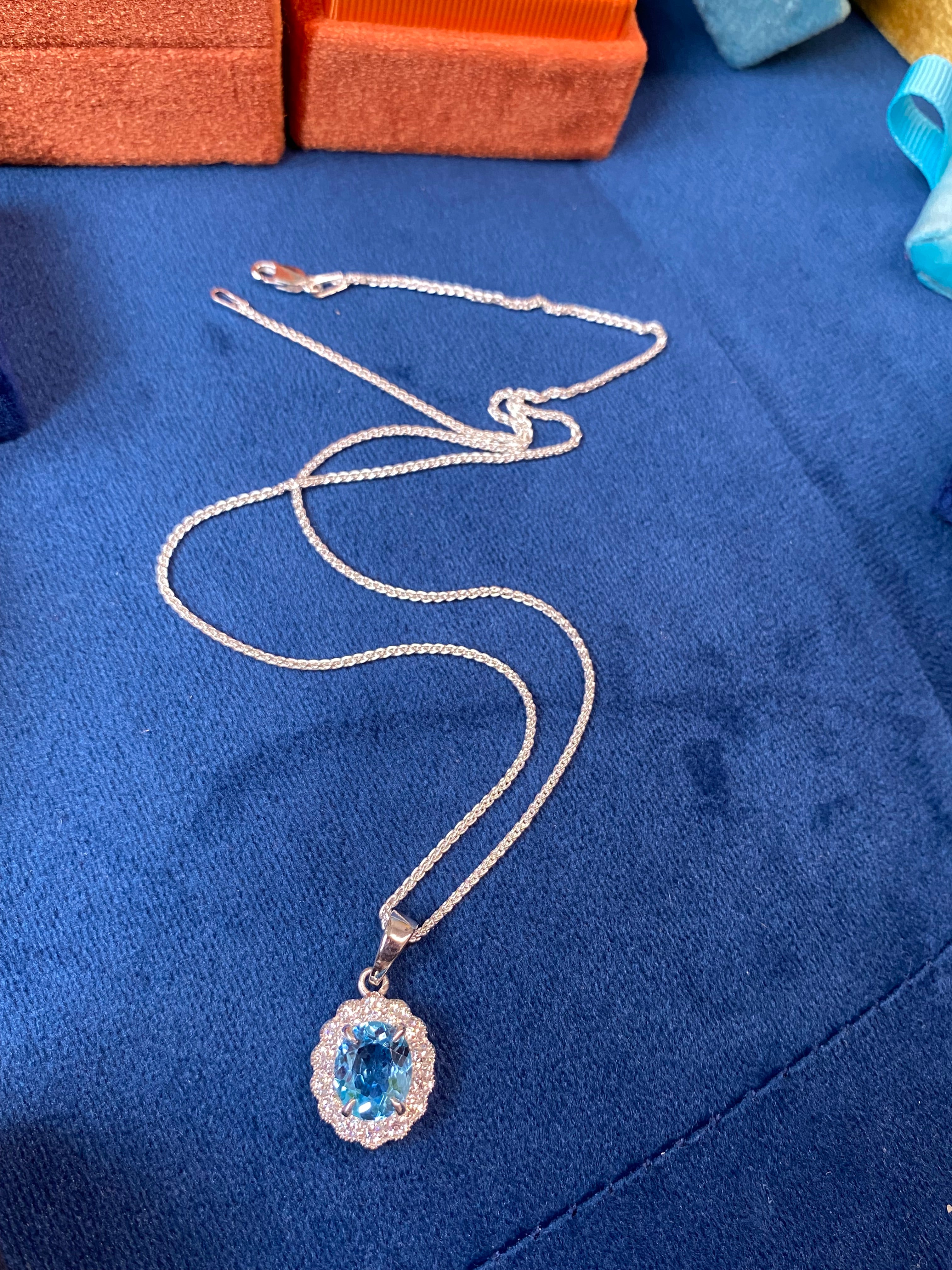 5.00 CTW Blue Topaz and Moissanite Halo Pendant Necklace in Sterling Silver