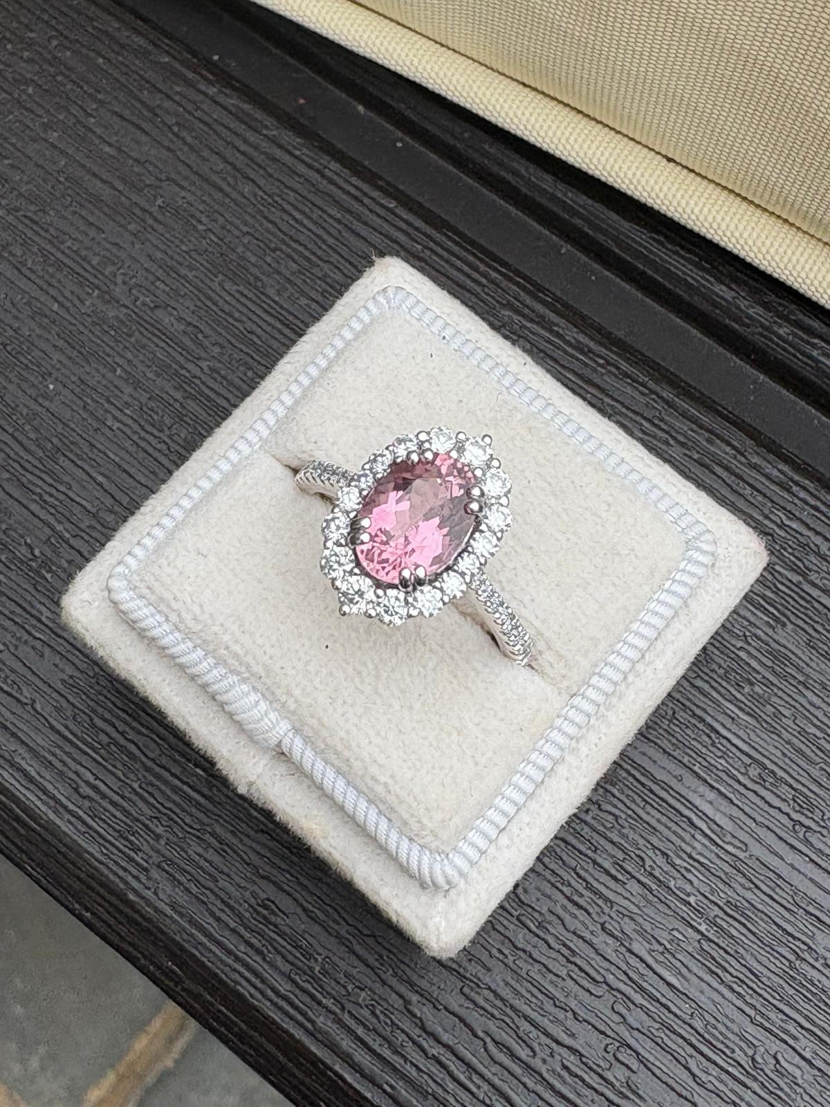 2.05 Carat Pink Tourmaline and Moissanite Ring in Sterling Silver