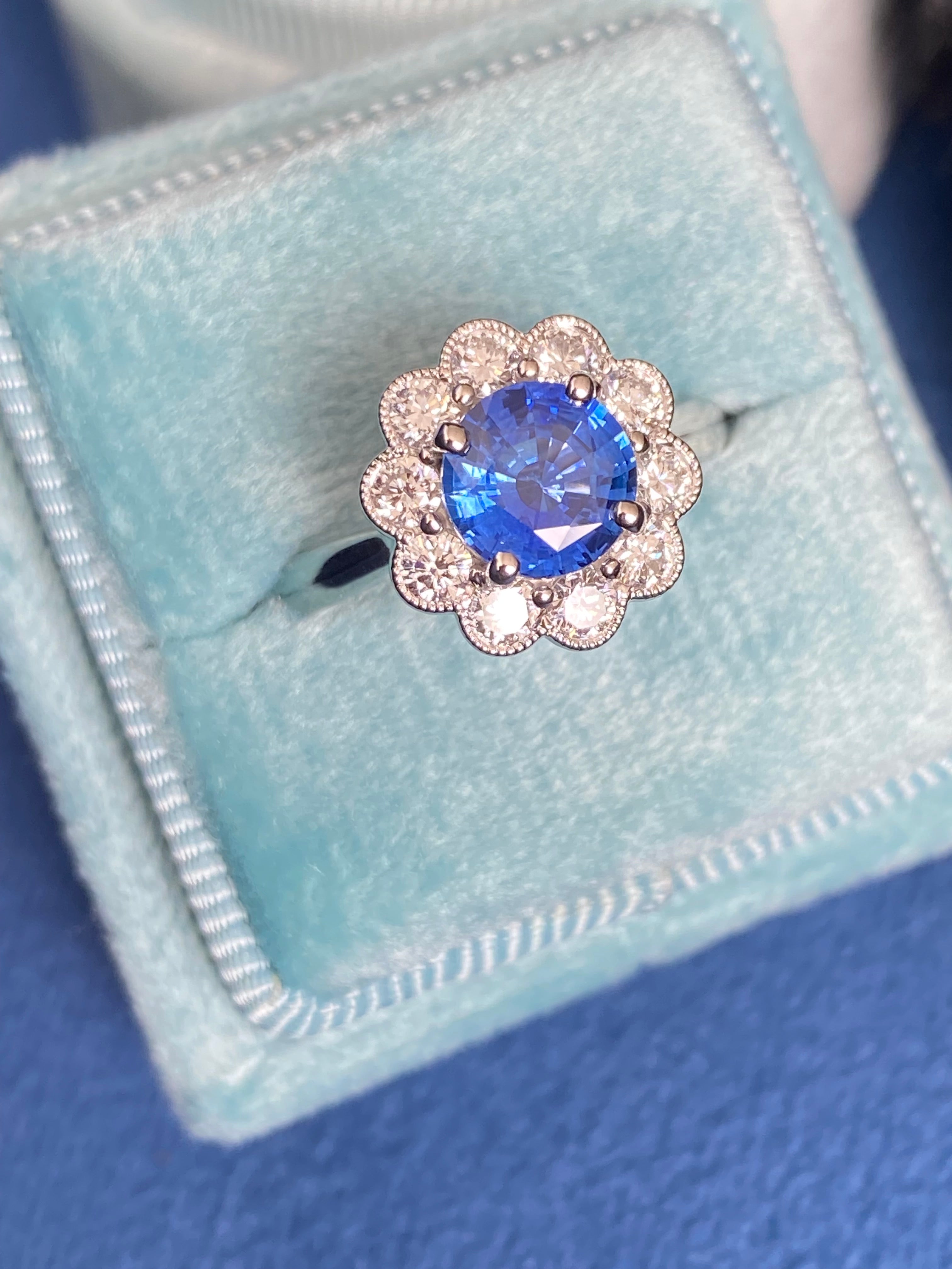 Beautiful Round Cut Halo Ceylon Sapphire and Natural Diamond Halo Ring in Platinum