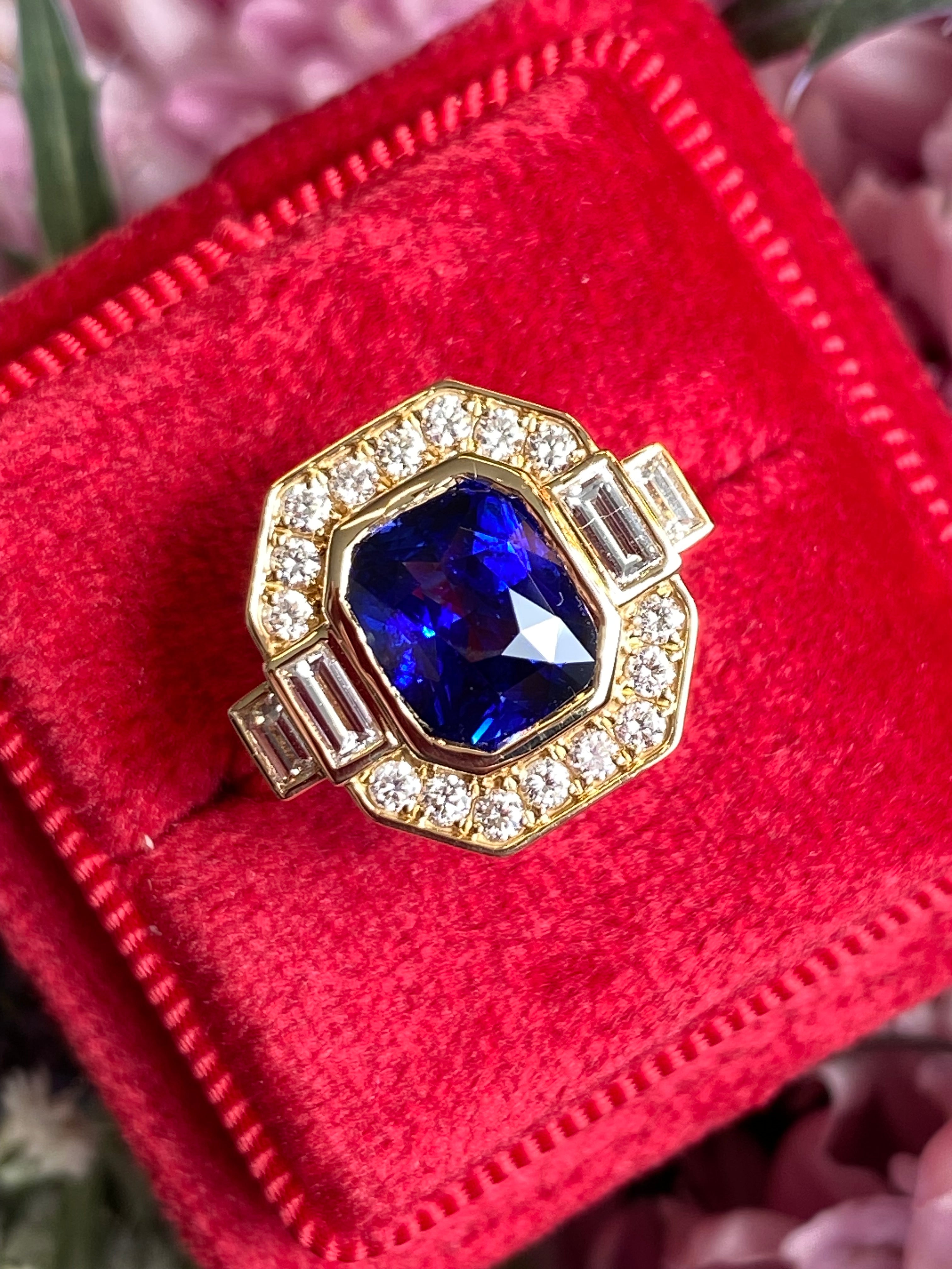 2.28 Carat Cushion Cut Ceylon Sapphire and Natural Diamond Ring in 18ct Yellow Gold