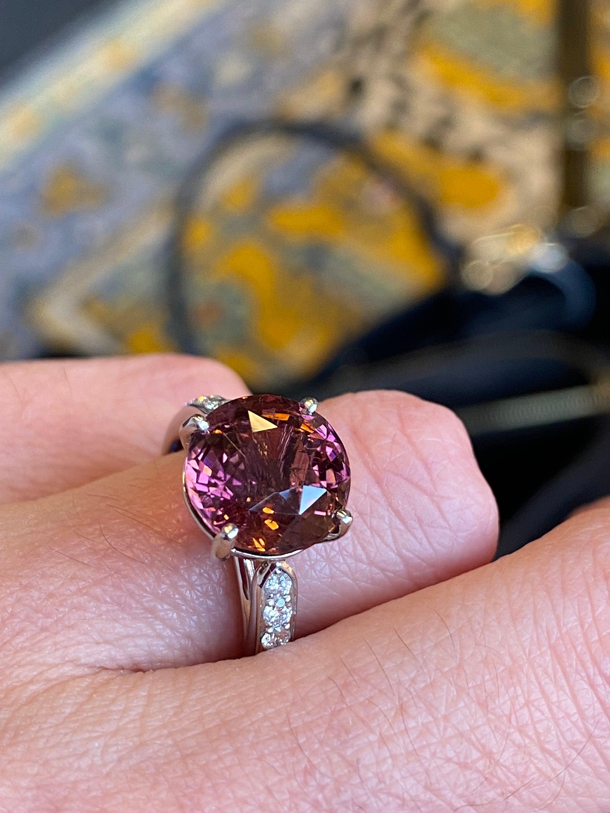 5.09 Carat Round Cut Pink Tourmaline and Natural Diamond Engagement Ring in Platinum