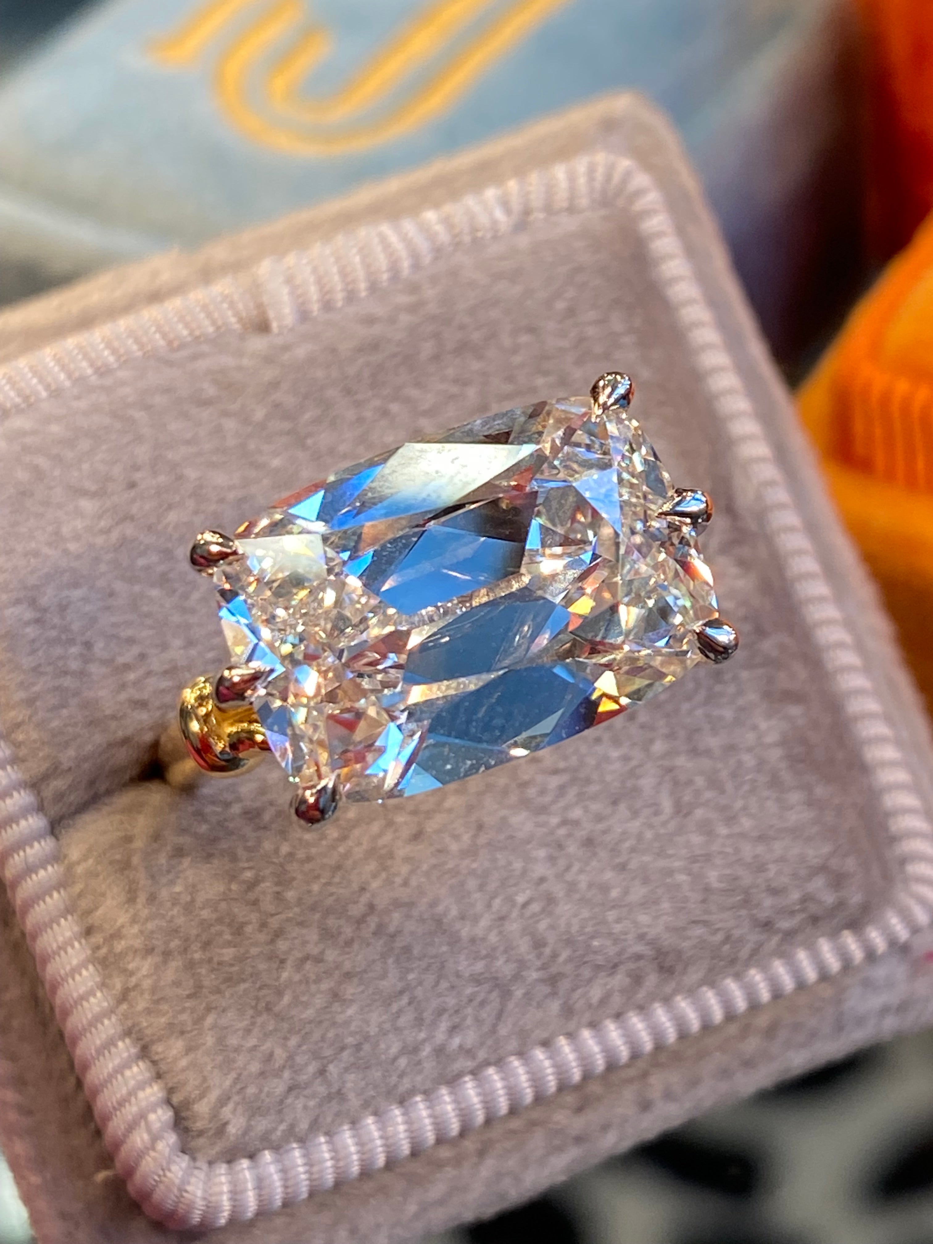8.09 Carat Old Mine Cut Lab Diamond East West Solitaire Engagement Ring in 18ct Yellow Gold and Platinum