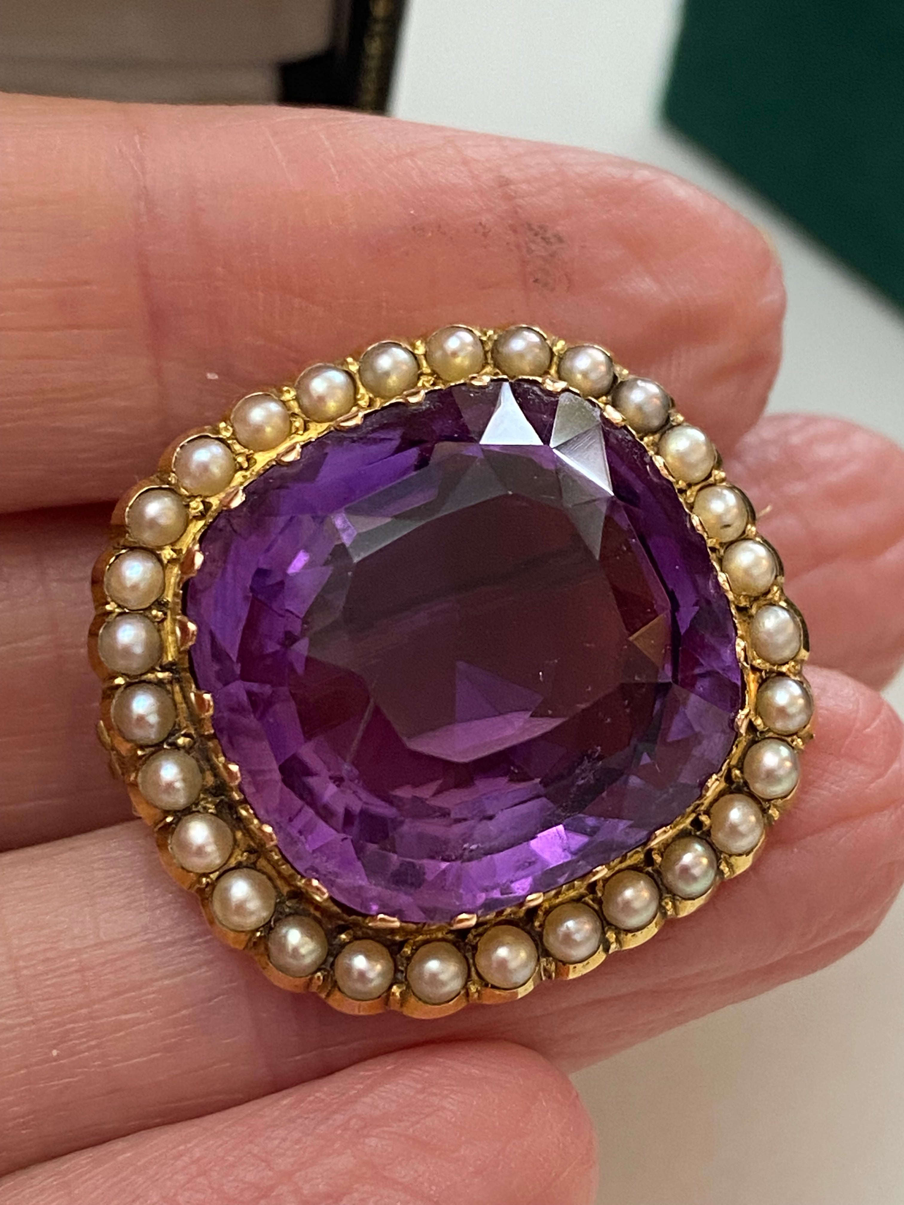 Antique 30.00ct Amethyst and Seed Pearl Brooch in 18ct Yellow Gold