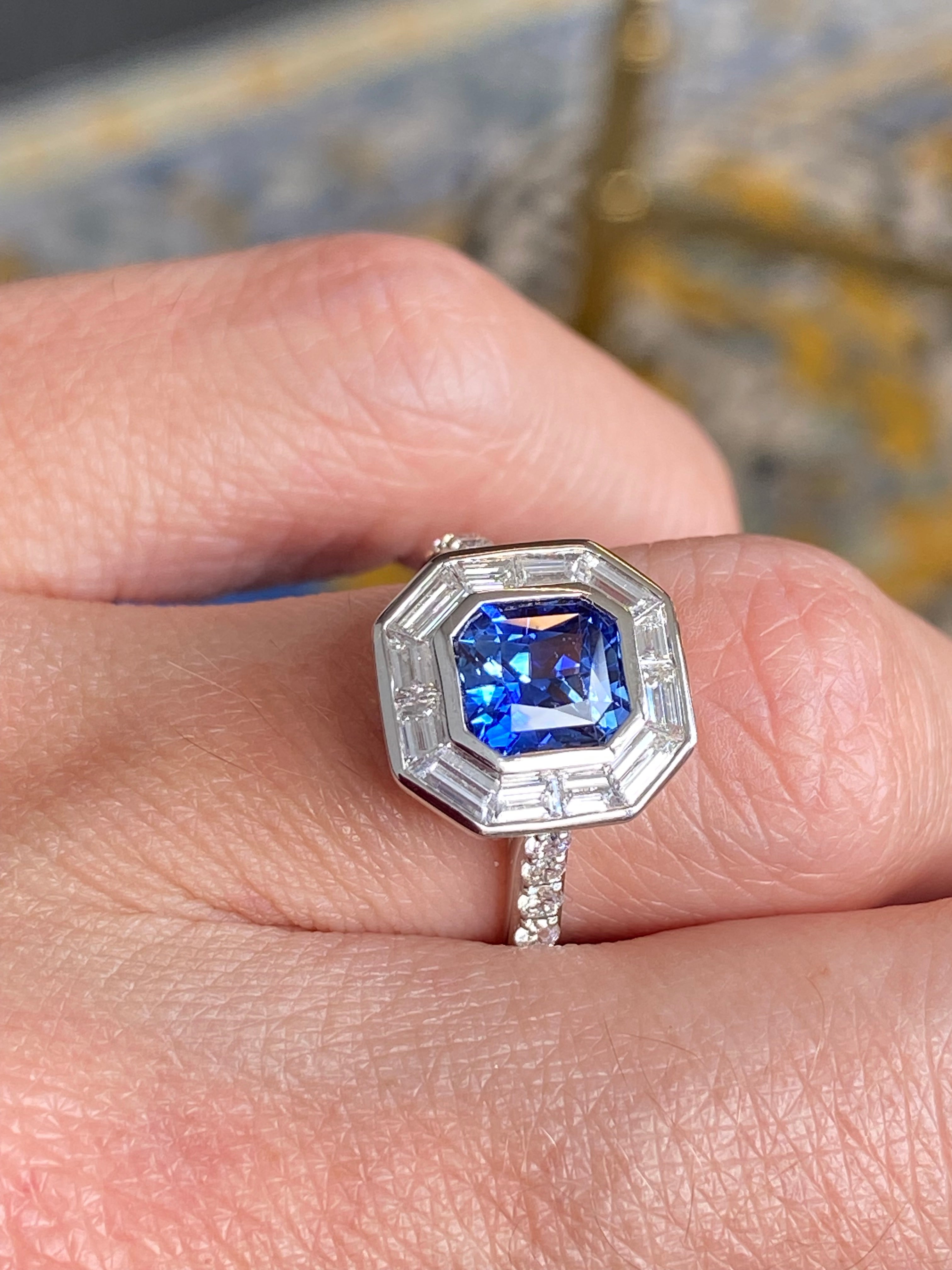 2.10 Carat Blue Ceylon Sapphire and 1.09 CTW Natural Diamond Halo Ring in Platinum