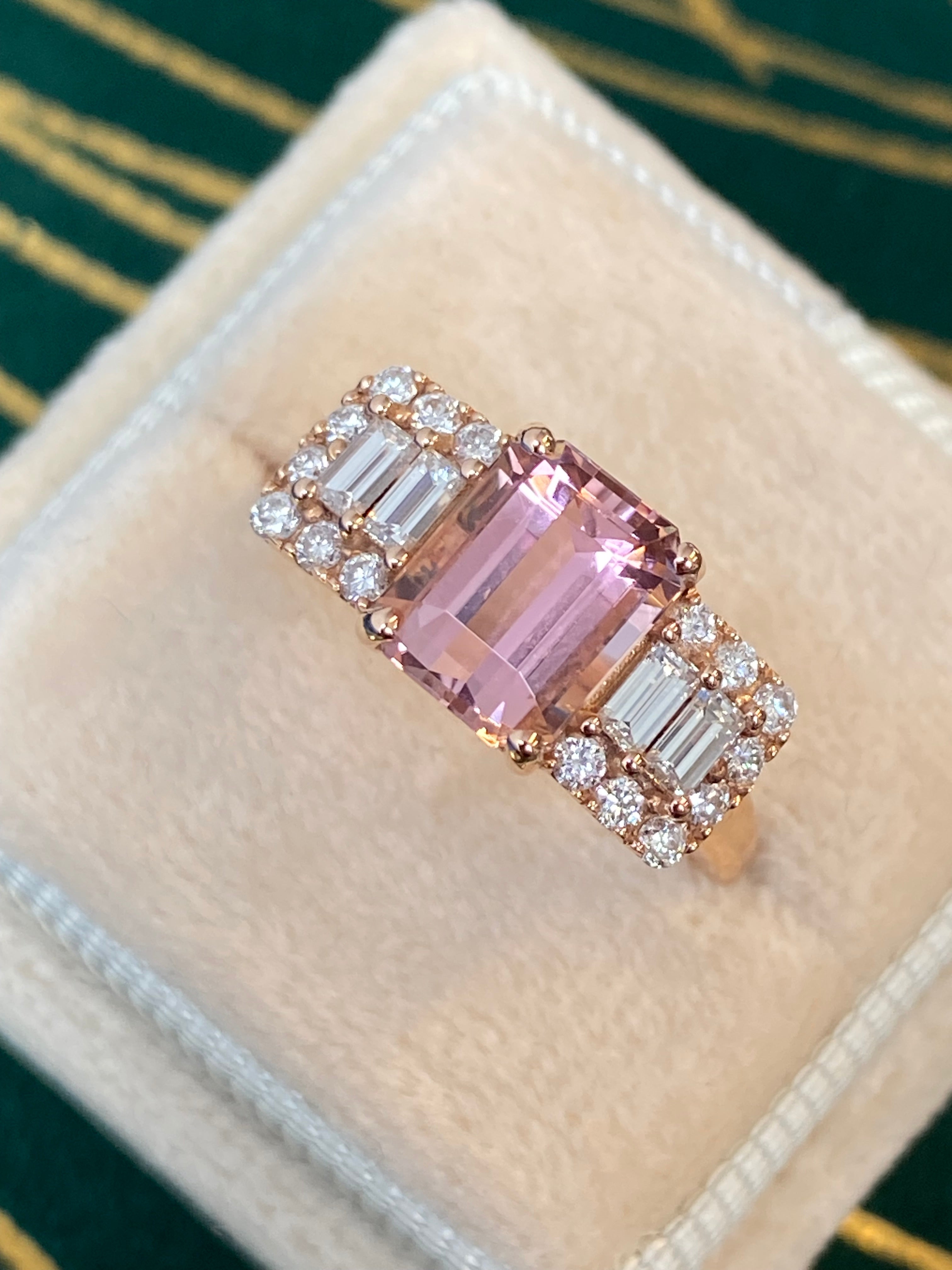 2.49 CTW Emerald Cut Morganite and Diamond Three Stone Style Engagement Ring in 18ct Rose Gold