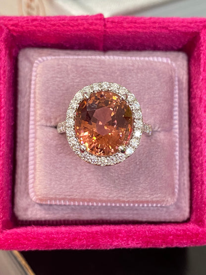 6.10 Carat Oval Cut Rose Pink Tourmaline and Natural Diamond Ring in Platinum