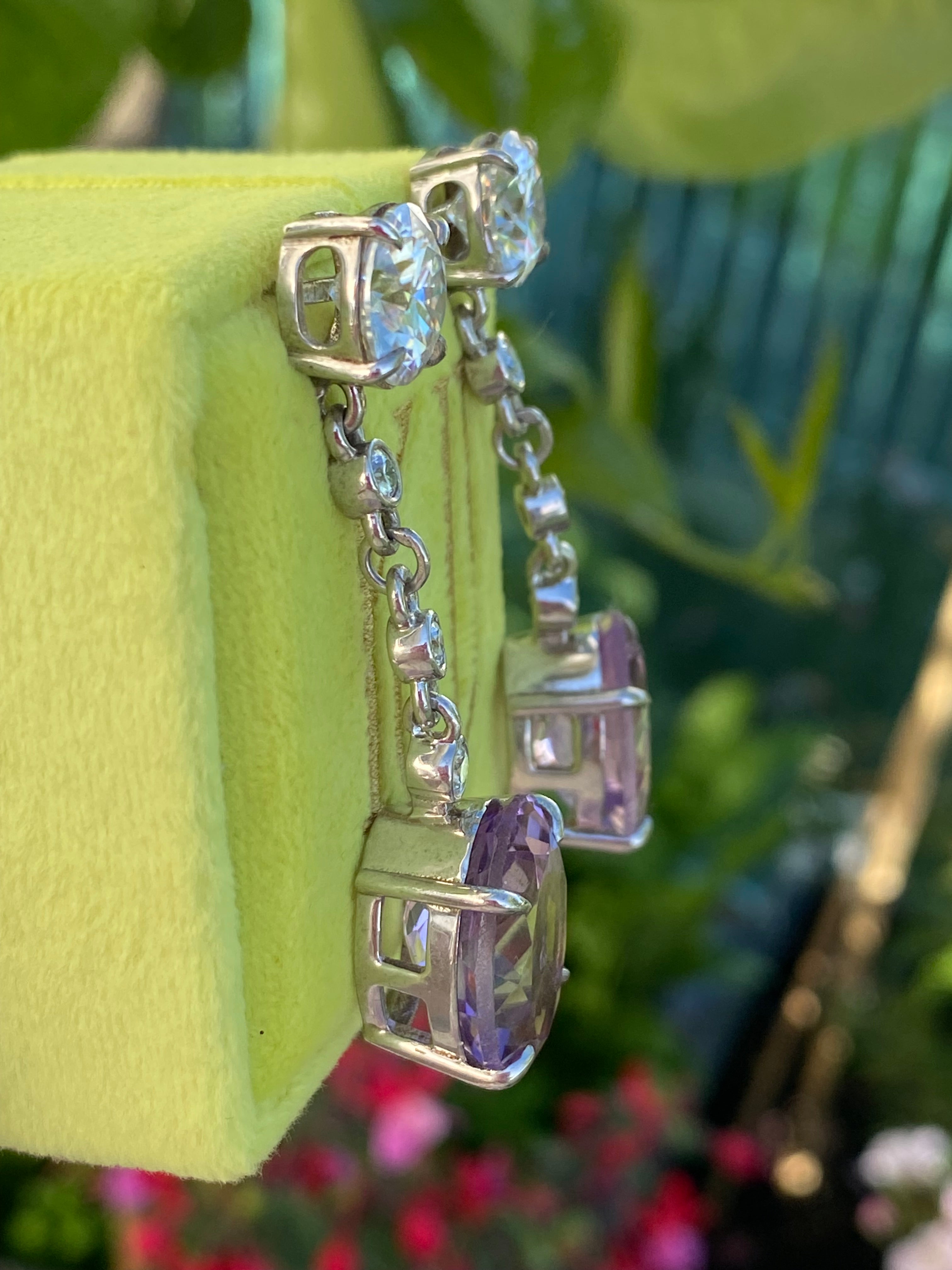28.00 Carat Oval Cut Rose de France Amethyst and Moissanite Earrings in Sterling Silver