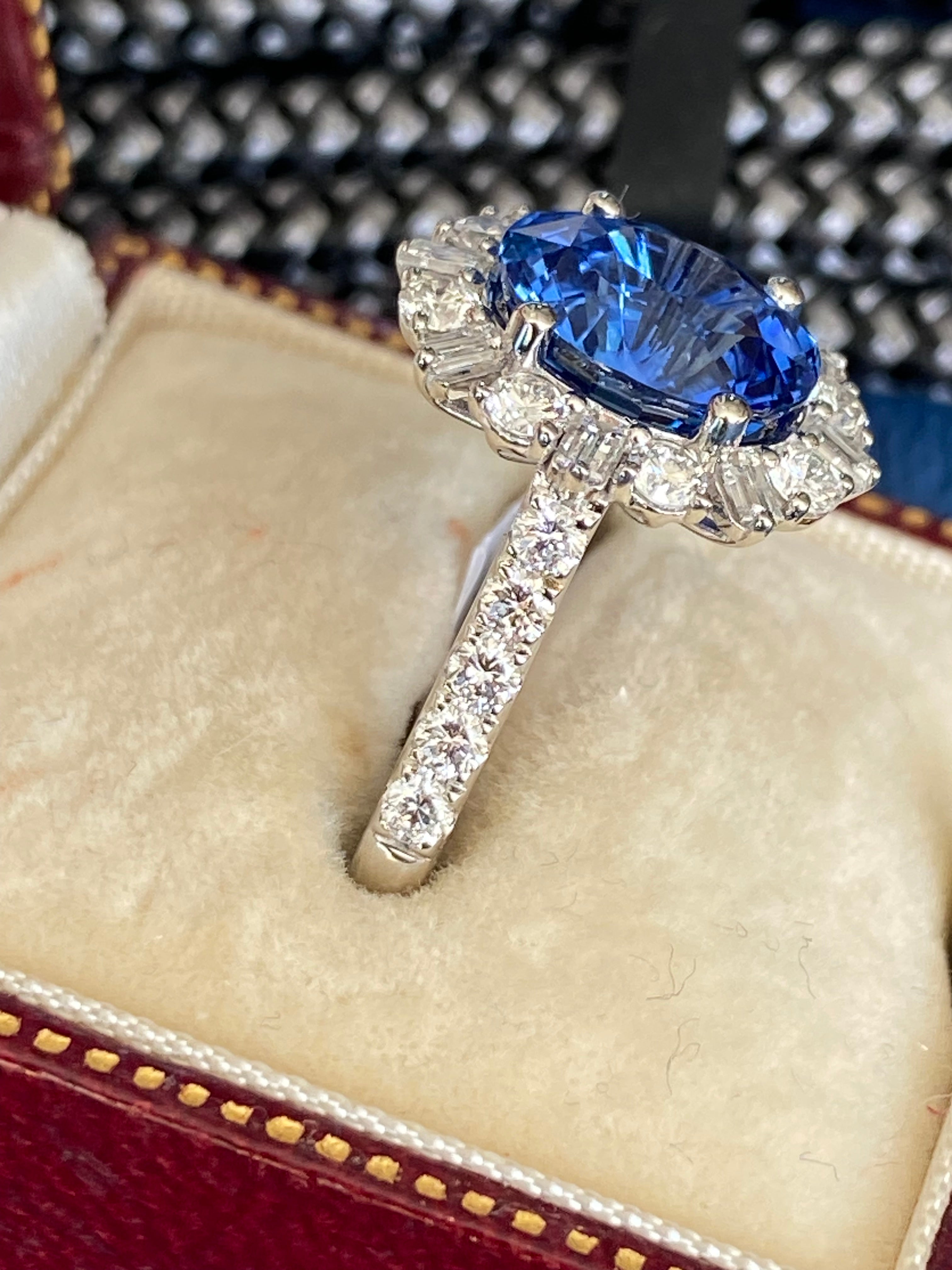 3.72 Carat Blue Ceylon Sapphire and 0.91ctw Natural Diamond Halo Ring in Platinum