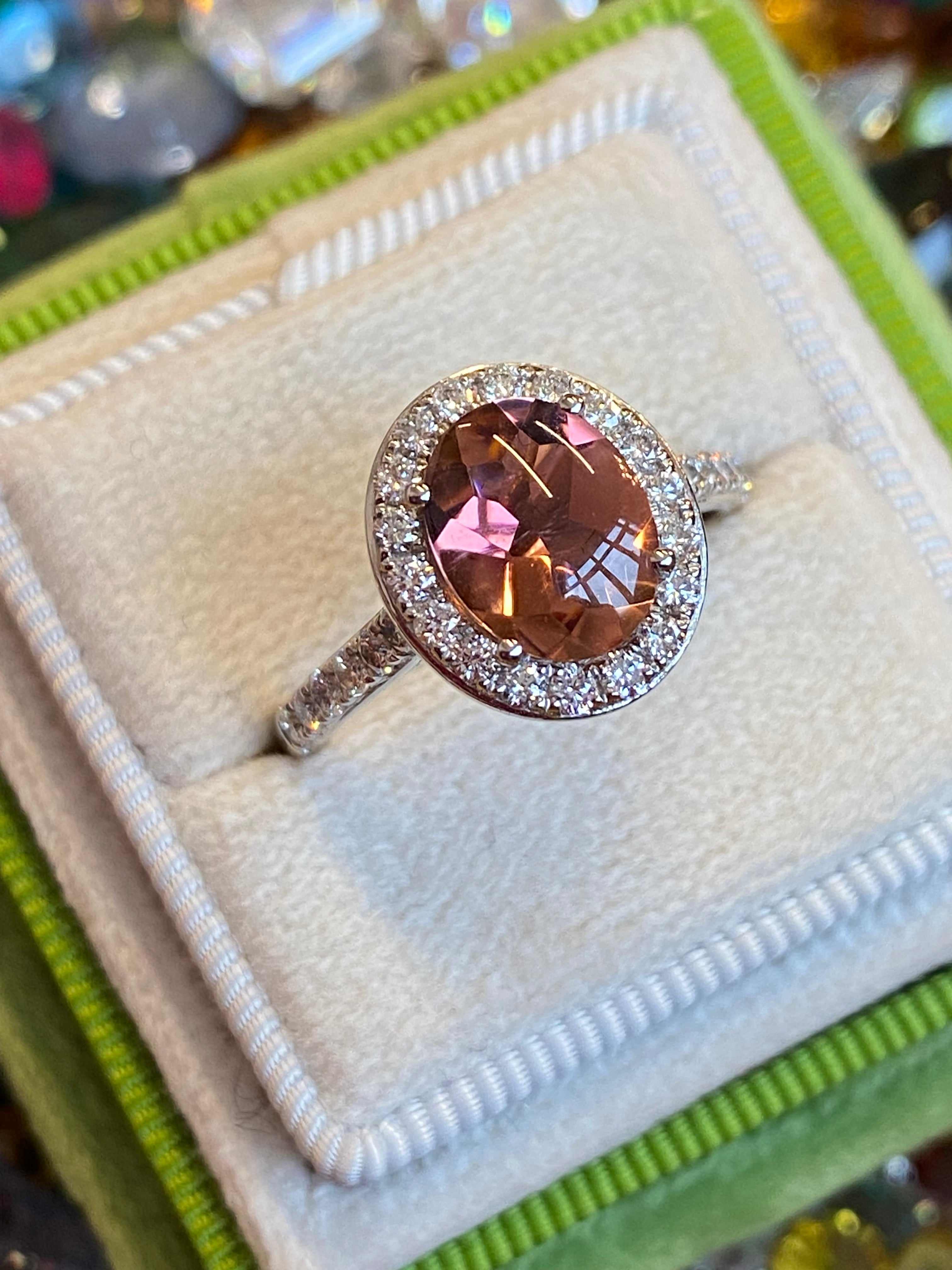 2.23 CTW Cabochon Cut Pink Tourmaline and Natural Diamond Ring in Platinum