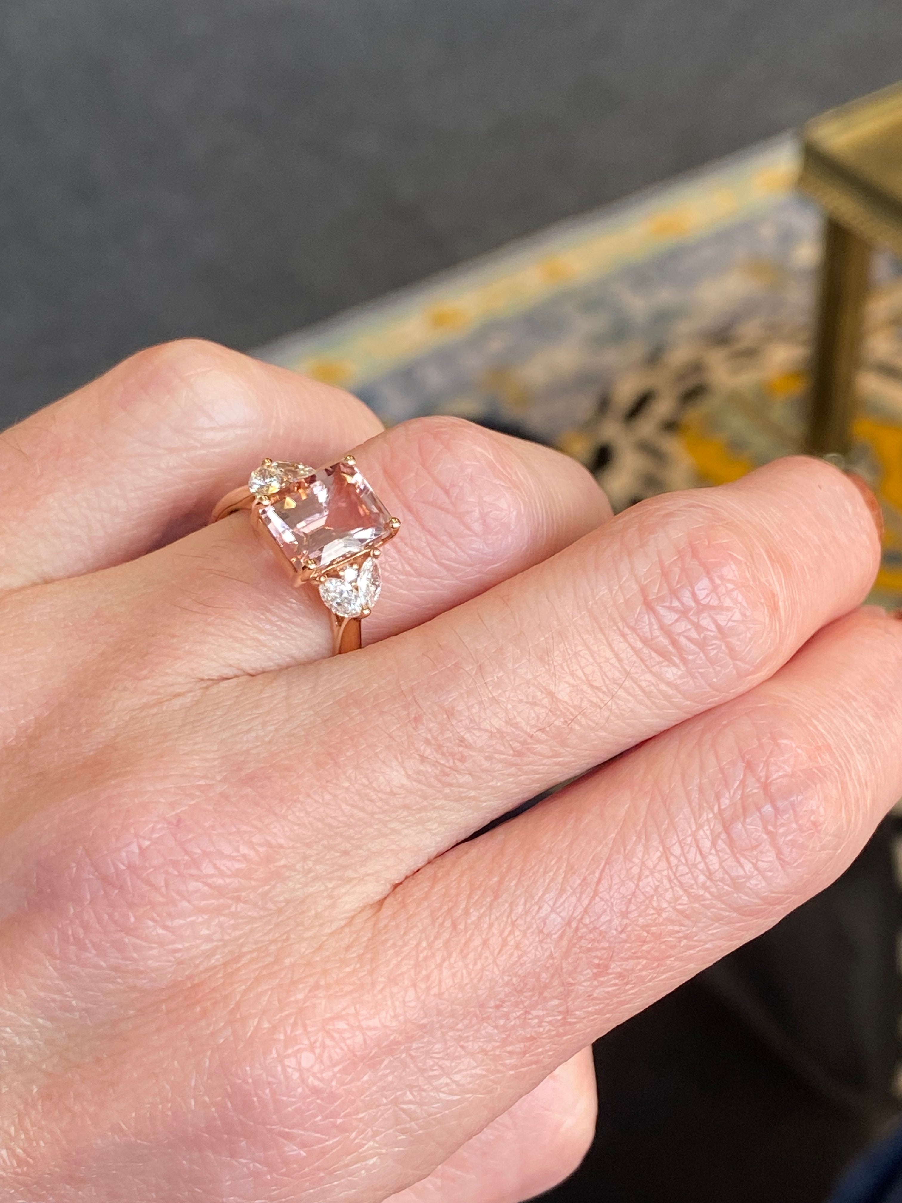 3.25 CTW Emerald Cut Morganite and Diamond Three Stone Engagement Ring in 18ct Rose Gold