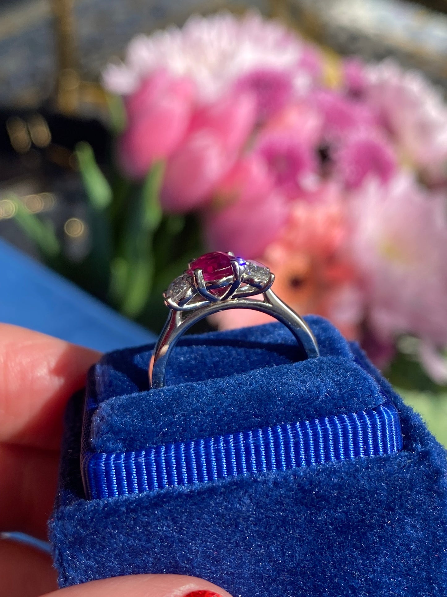 1.34 Carat Ruby and 0.66 Natural Diamond Three Stone Ring in Platinum