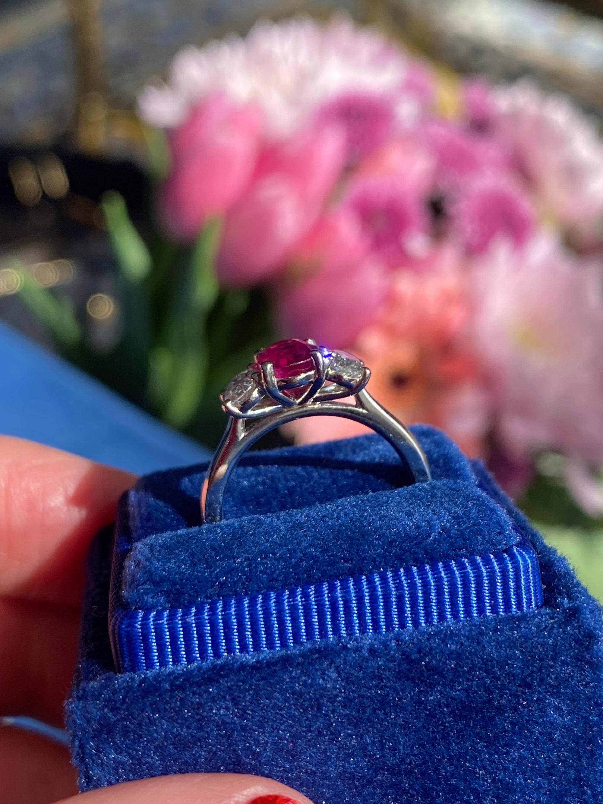 1.34 Carat Ruby and 0.66 Natural Diamond Three Stone Ring in Platinum