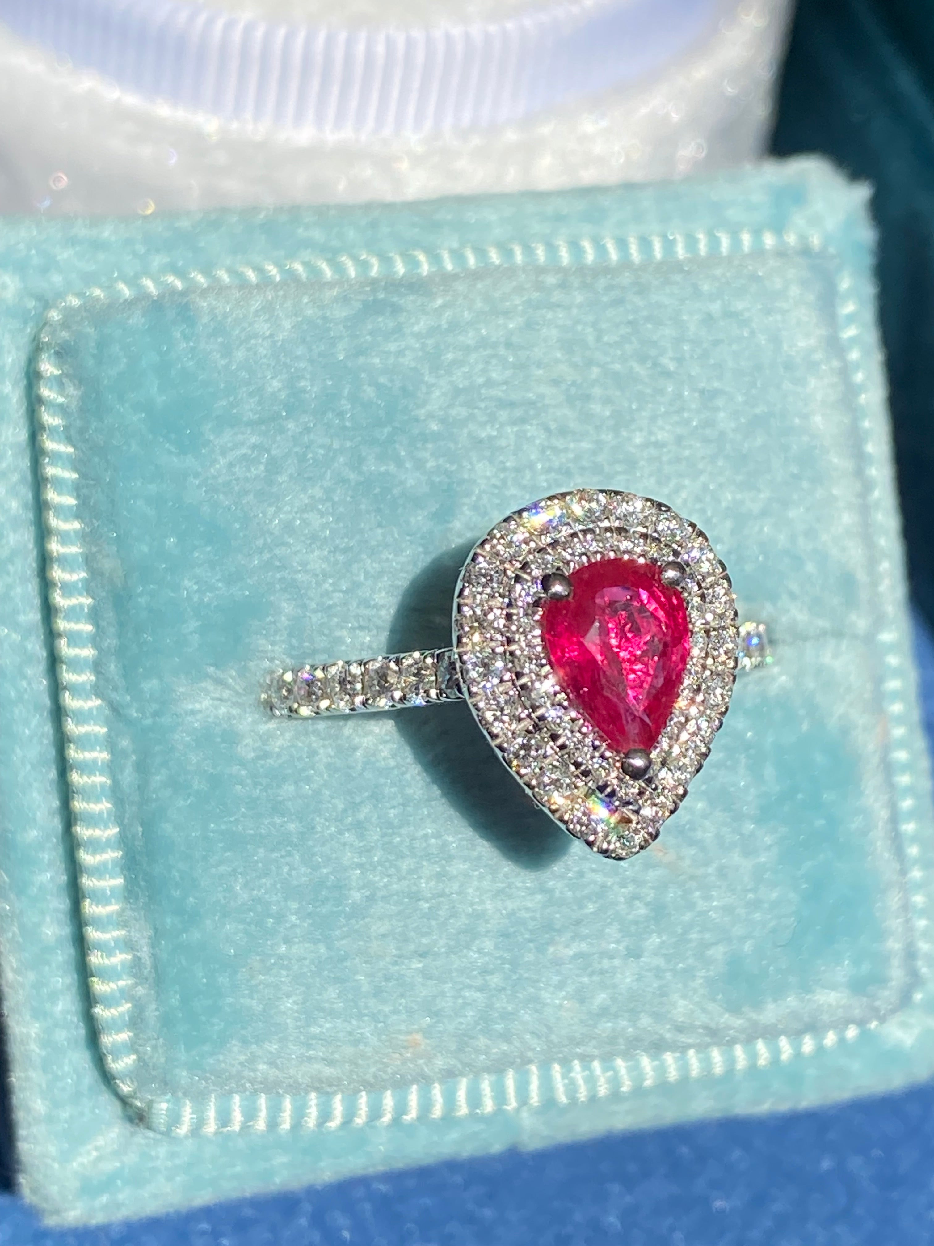 1.16 CTW Pear Cut Ruby and Natural Diamond Ring in Platinum