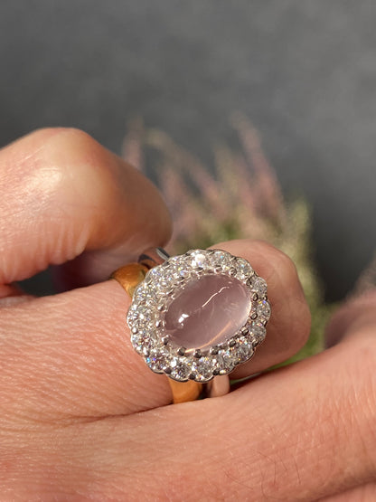 4.50 CTW Oval Cabochon Cut Rose Quartz and Moissanite Halo Cocktail Ring
