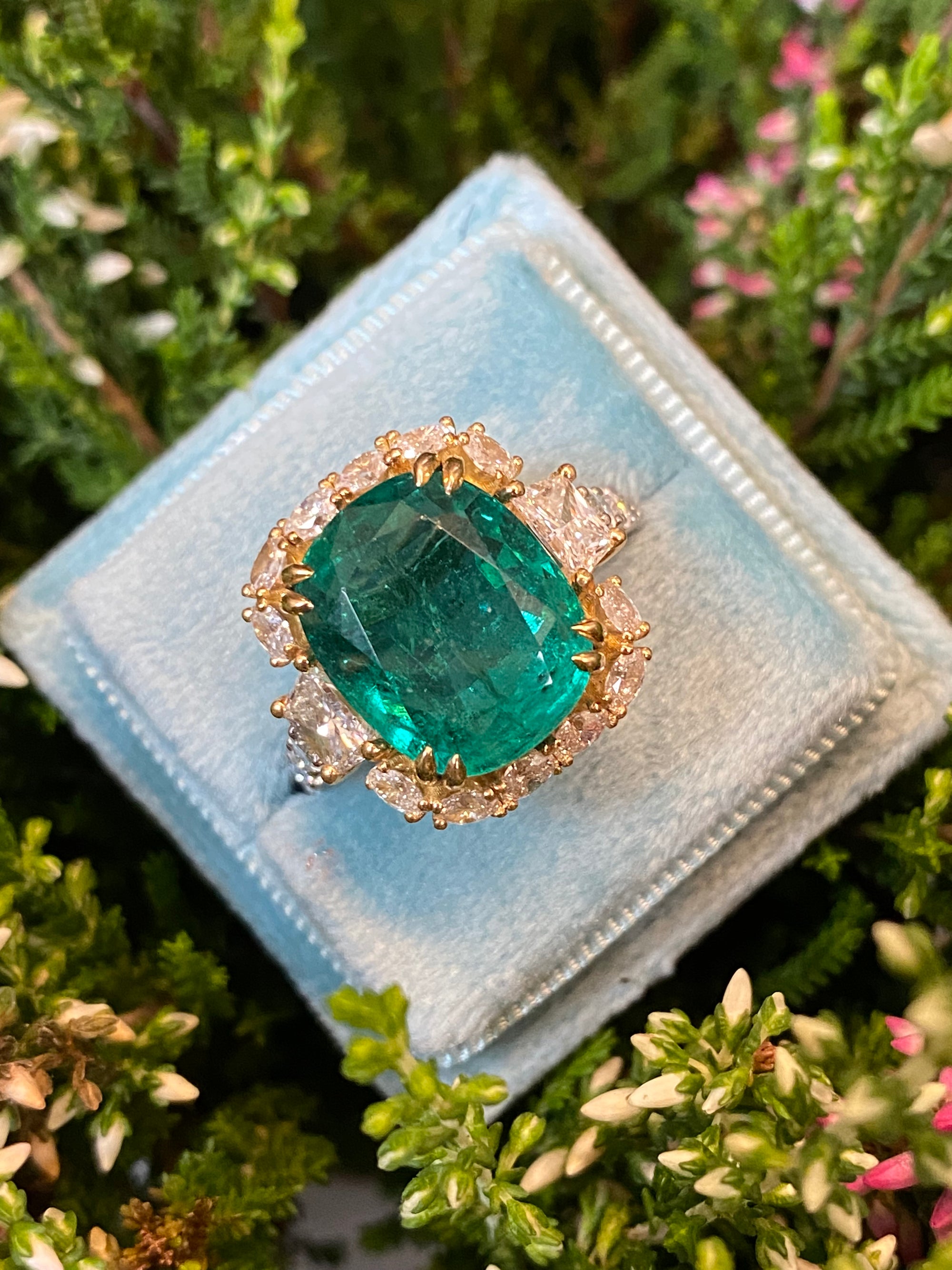 8.75 Carat Cushion Cut Zambian Emerald and 2.53 CTW Natural Diamond Halo Ring in Platinum and 18ct Yellow Gold