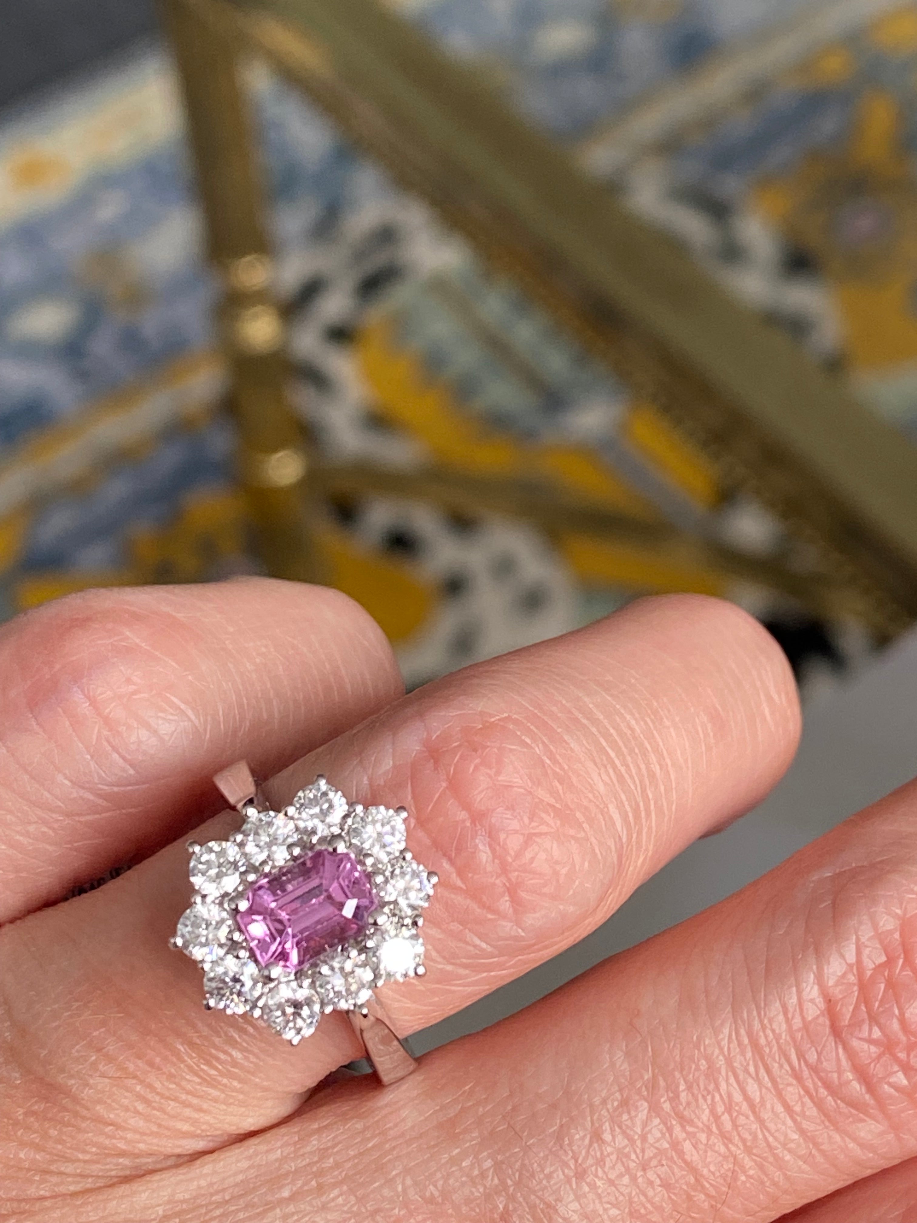 2.33 CTW Emerald Cut Pink Sapphire and Natural Diamond Halo Ring in Platinum