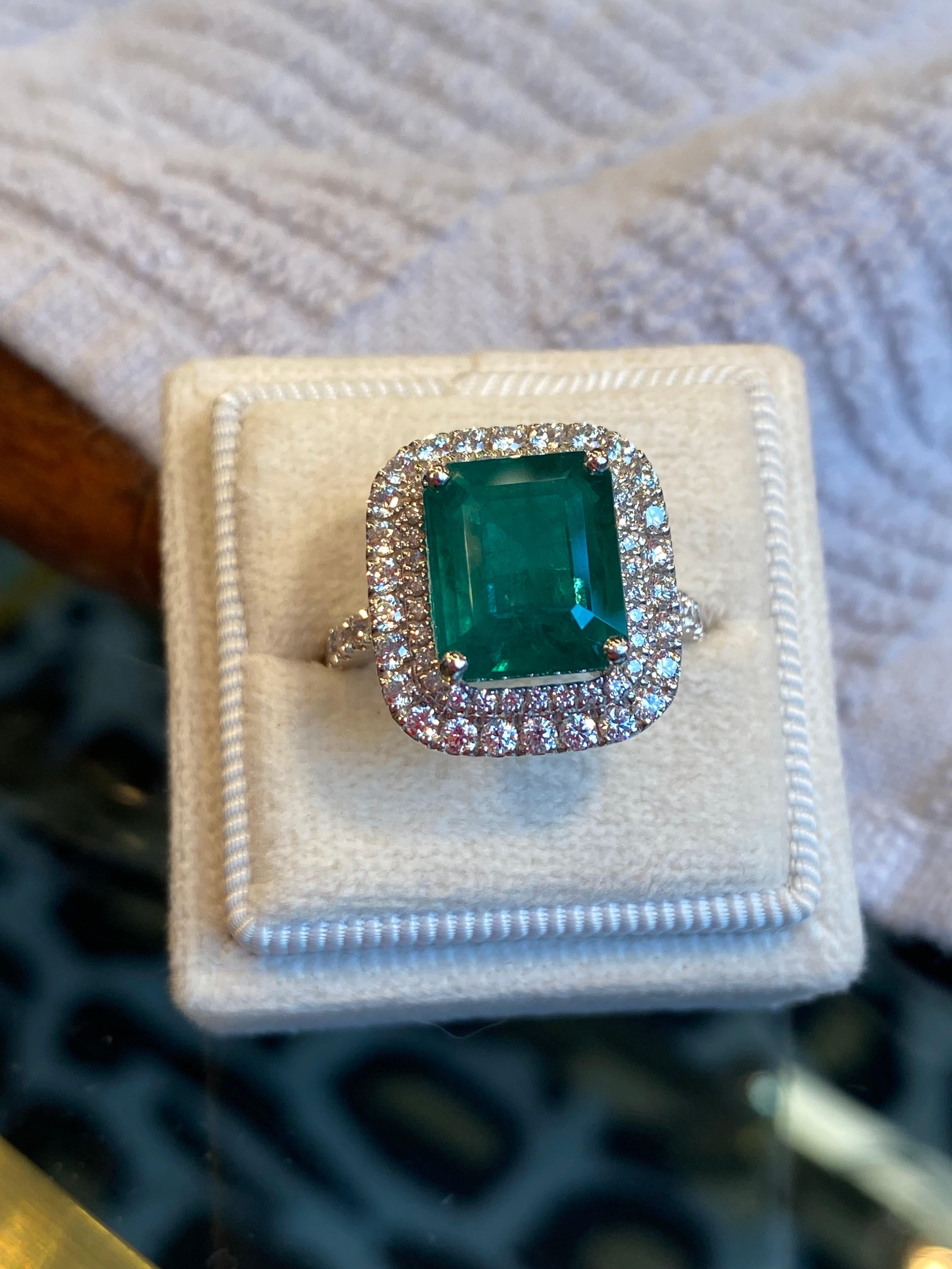 6.07 Carat Emerald Cut Emerald and Diamond Halo Ring in Platinum