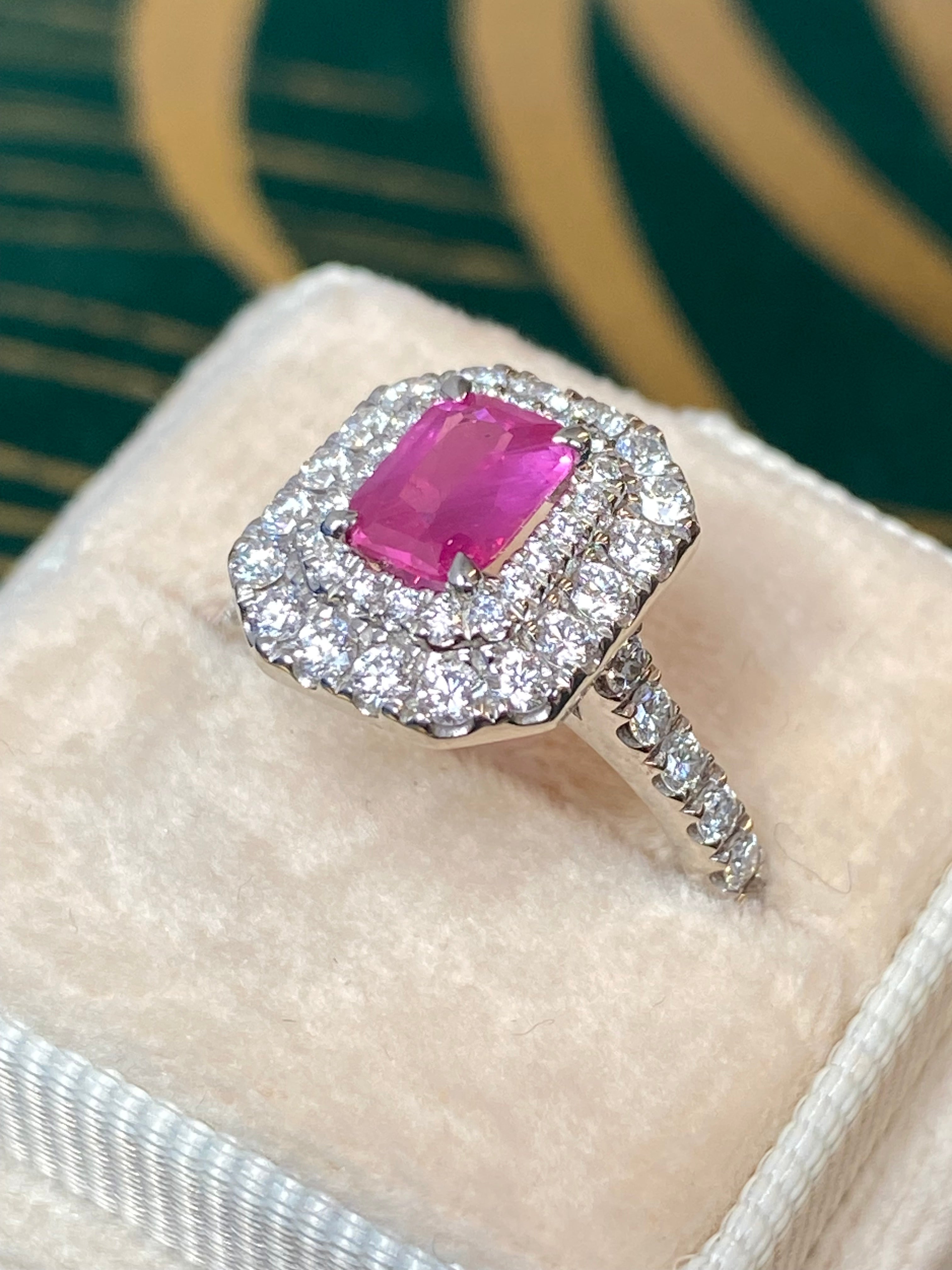 1.75 CTW Radiant Cut Pink Sapphire and Natural Diamond Double Halo Ring in Platinum