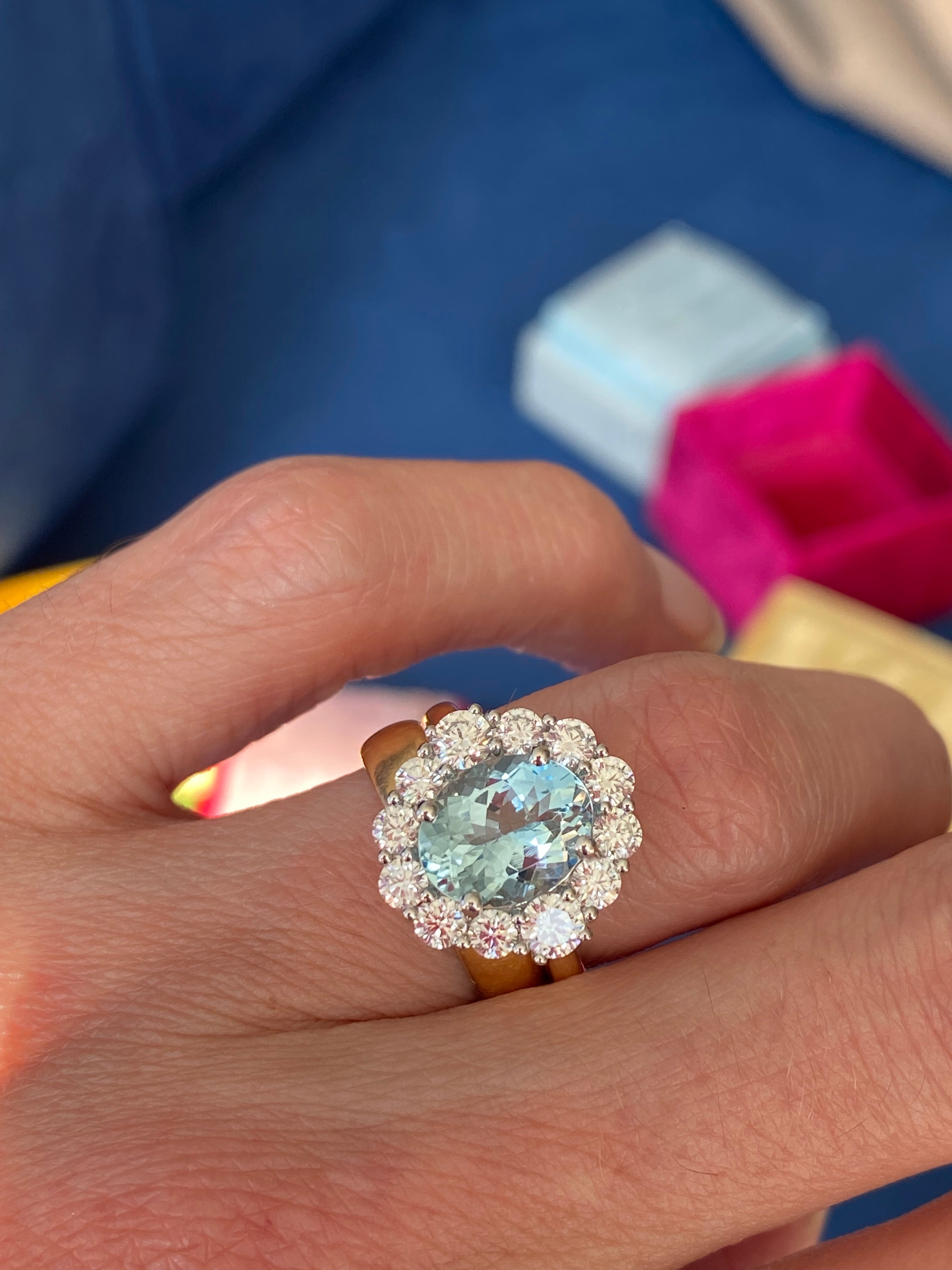 3.53 CTW Aquamarine and Natural Diamond Halo Ring in Platinum and 18ct Yellow Gold