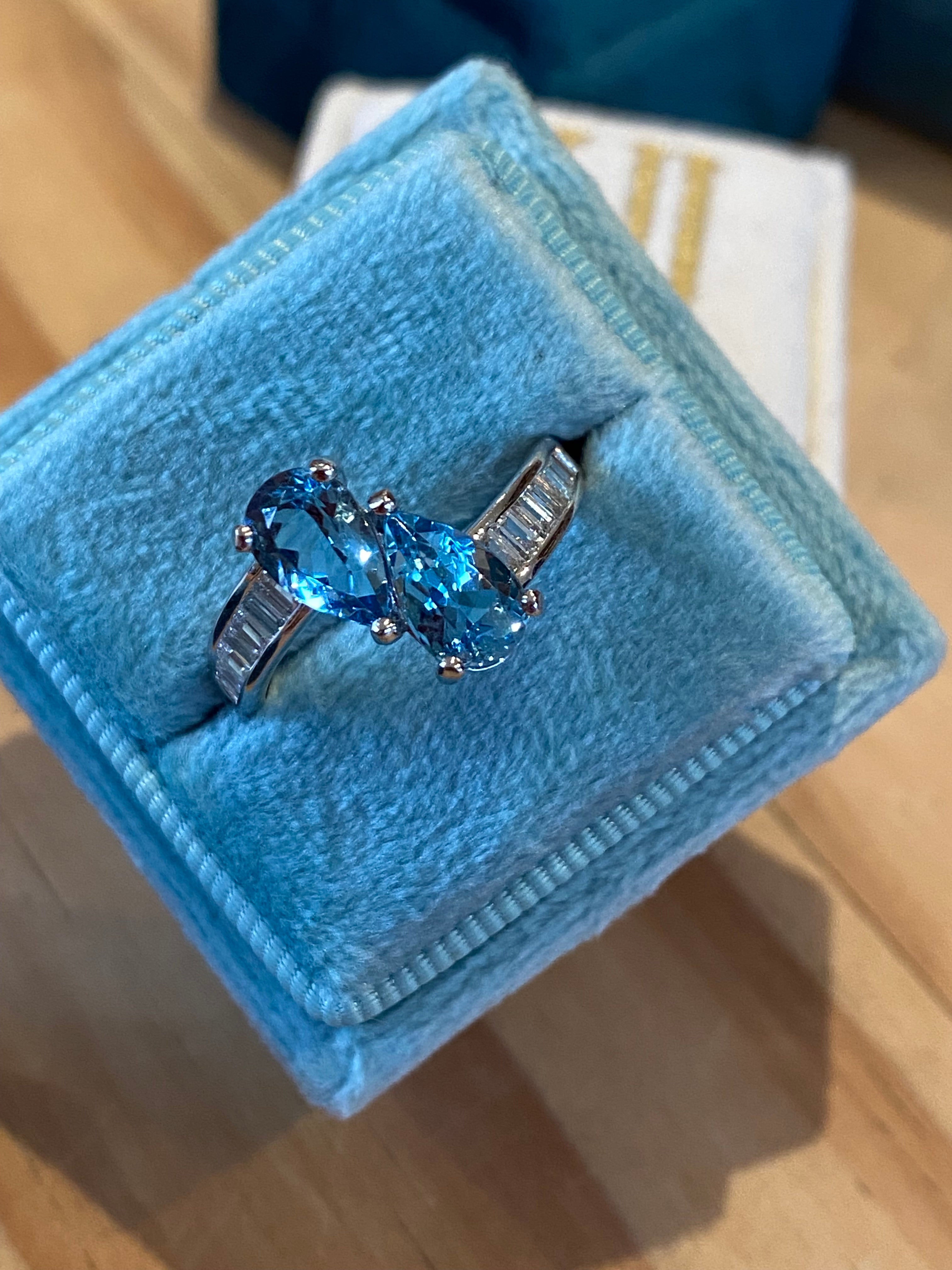 2.01 CTW Pear Cut Aquamarine and Natural Diamond Toi et Moi Ring in Platinum