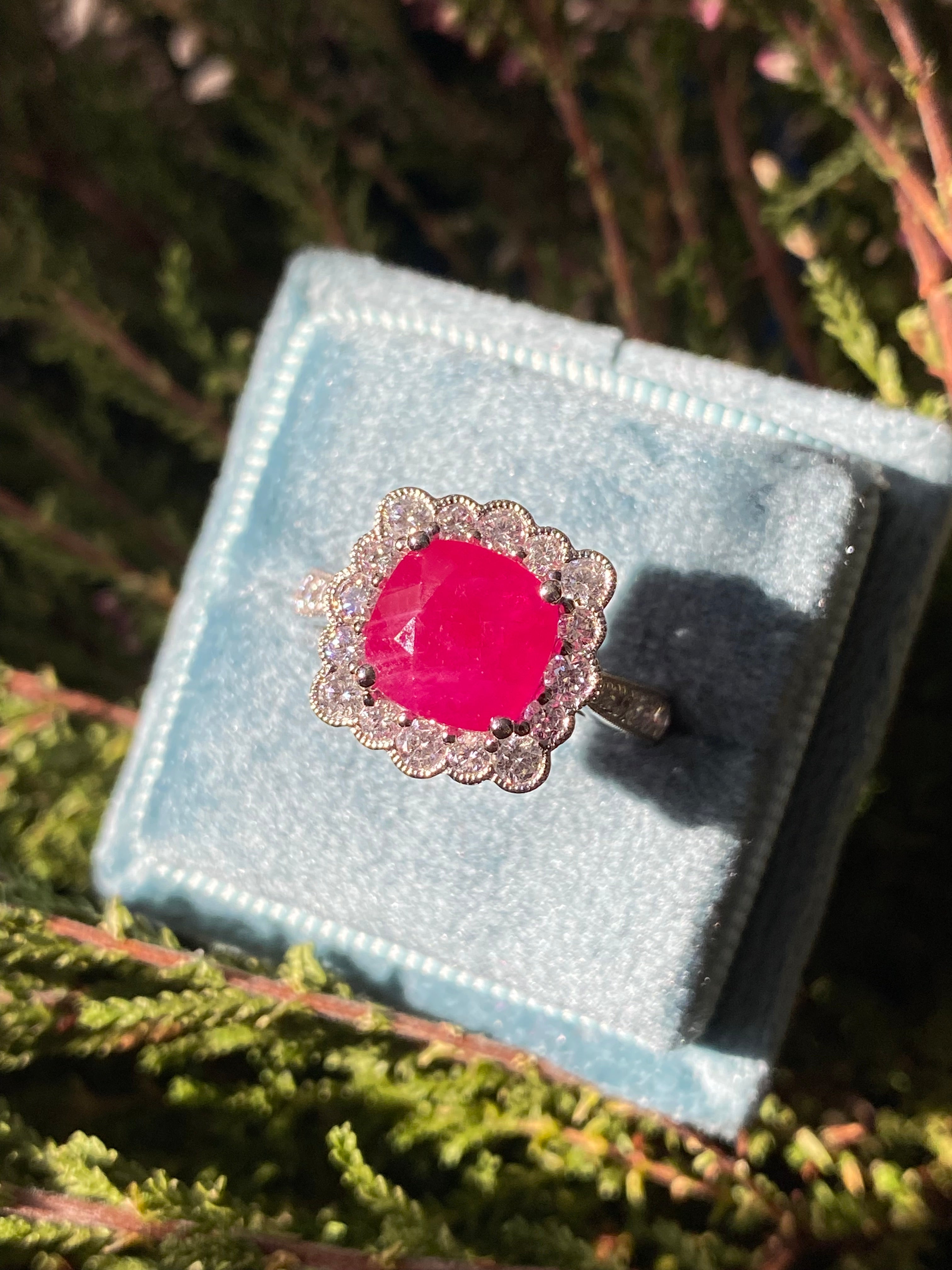3.29 Carat Cushion-Cut Ruby and 0.78 ctw Natural Diamond Halo Ring in Platinum