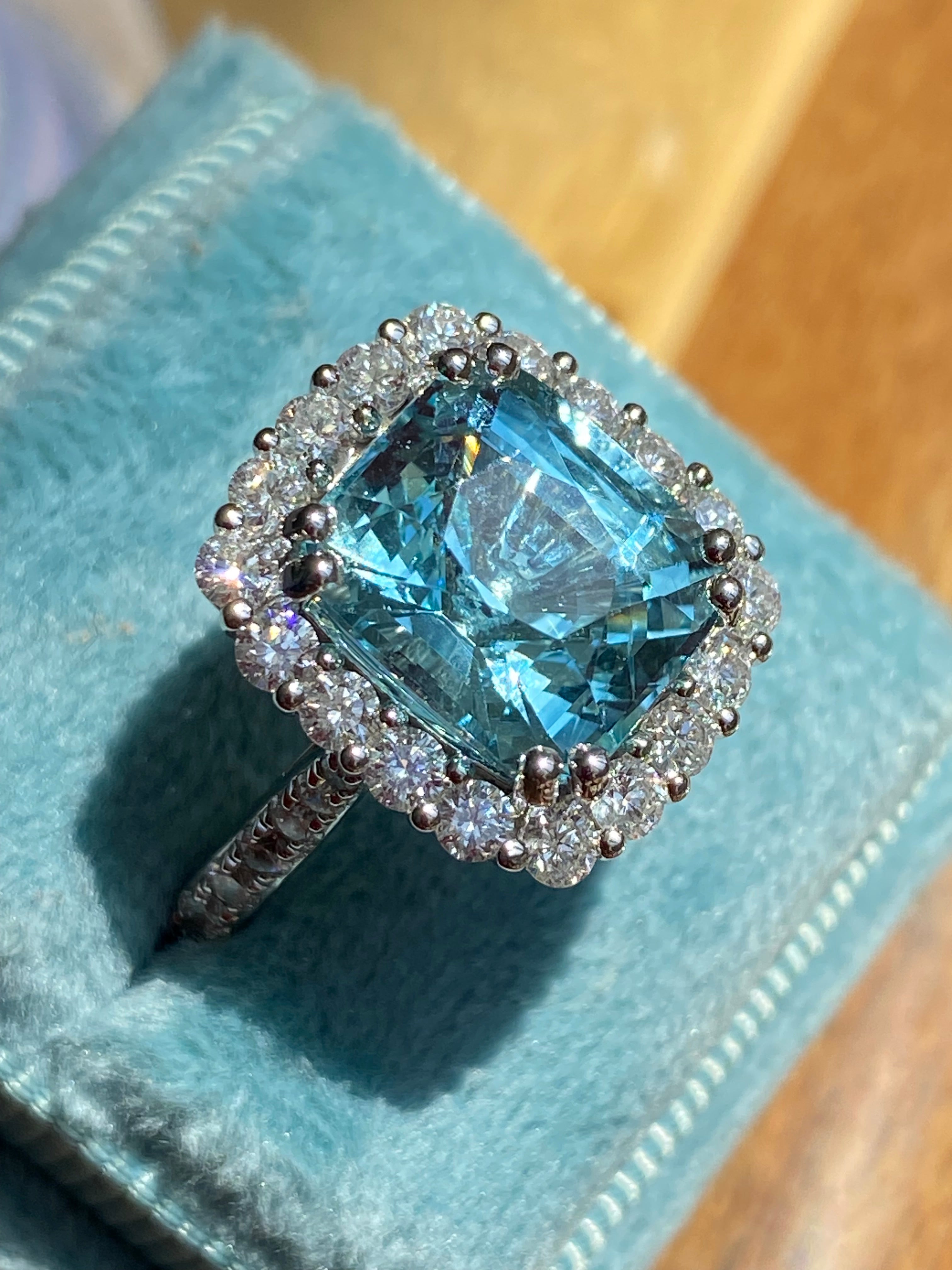 5.69 CTW Cushion Cut Aquamarine and Diamond Engagement Ring in Platinum