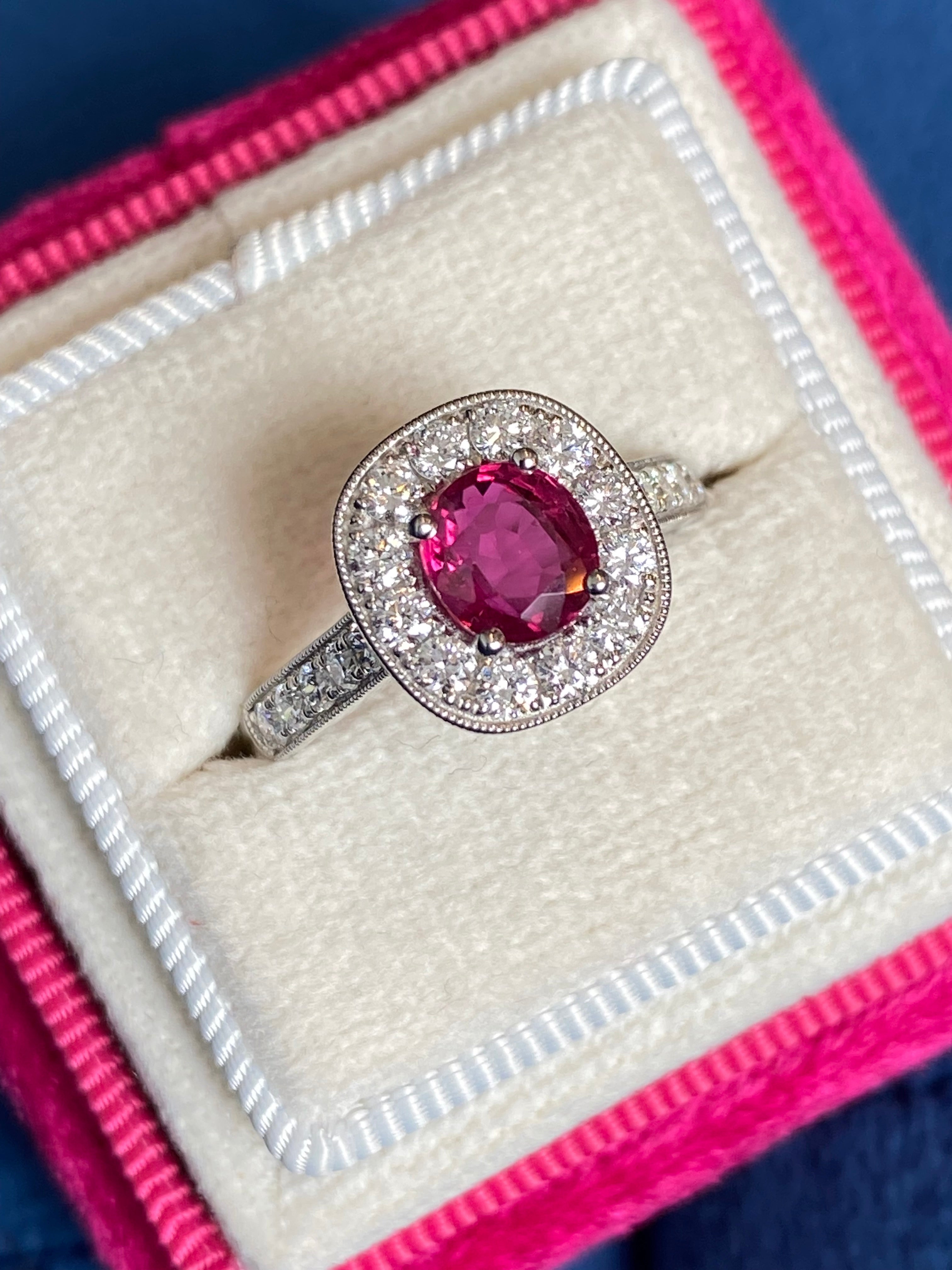1.89 CTW Oval-Cut Ruby and Natural Diamond Halo Ring in Platinum