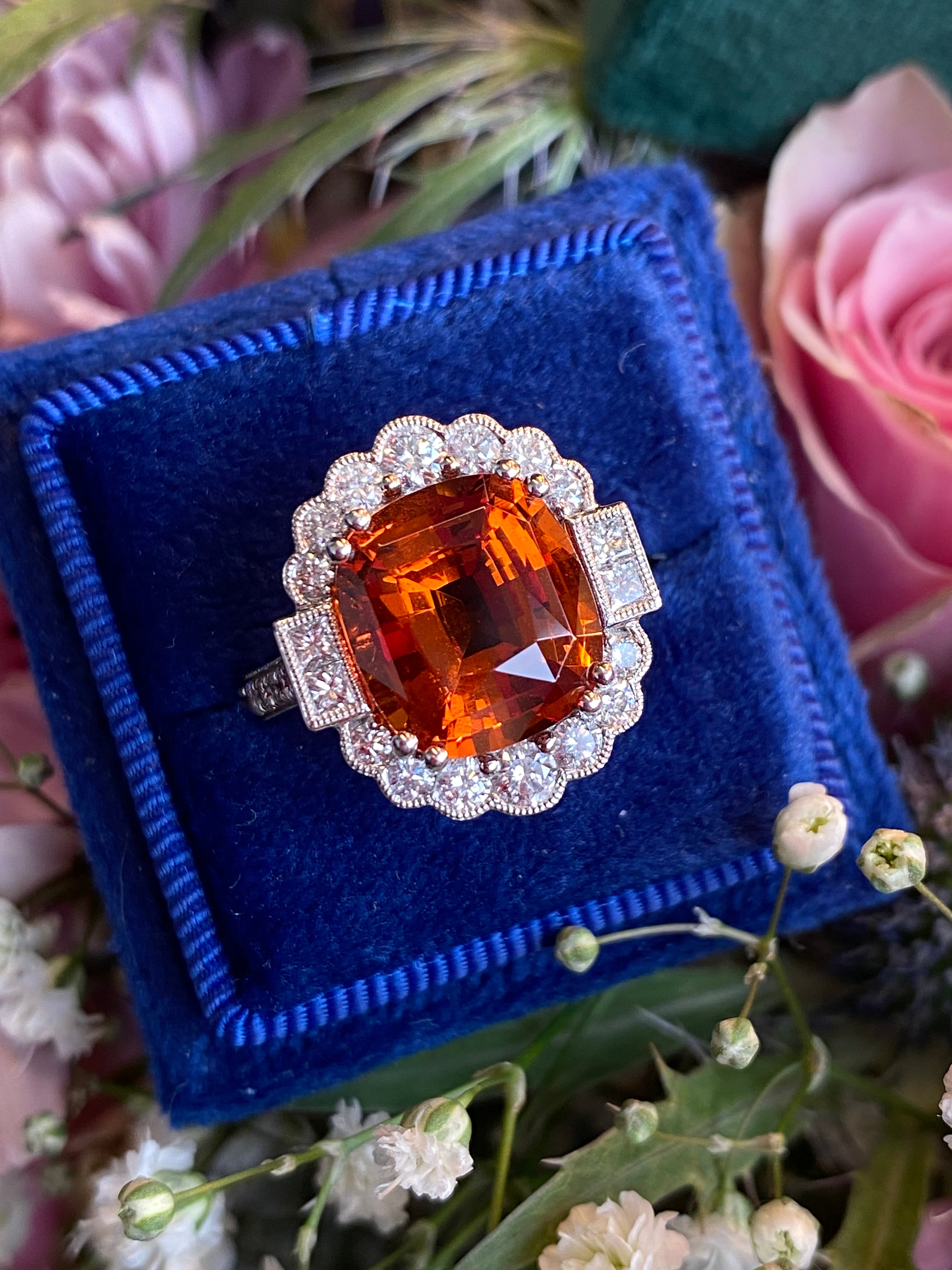 5.95 Carat Hessonite Garnet and 1.03ctw Natural Diamond Ring in Platinum