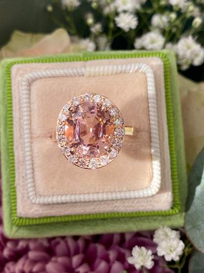 6.00 Carat Oval-Cut Pink Tourmaline and Diamond Halo Ring in 18ct Rose Gold