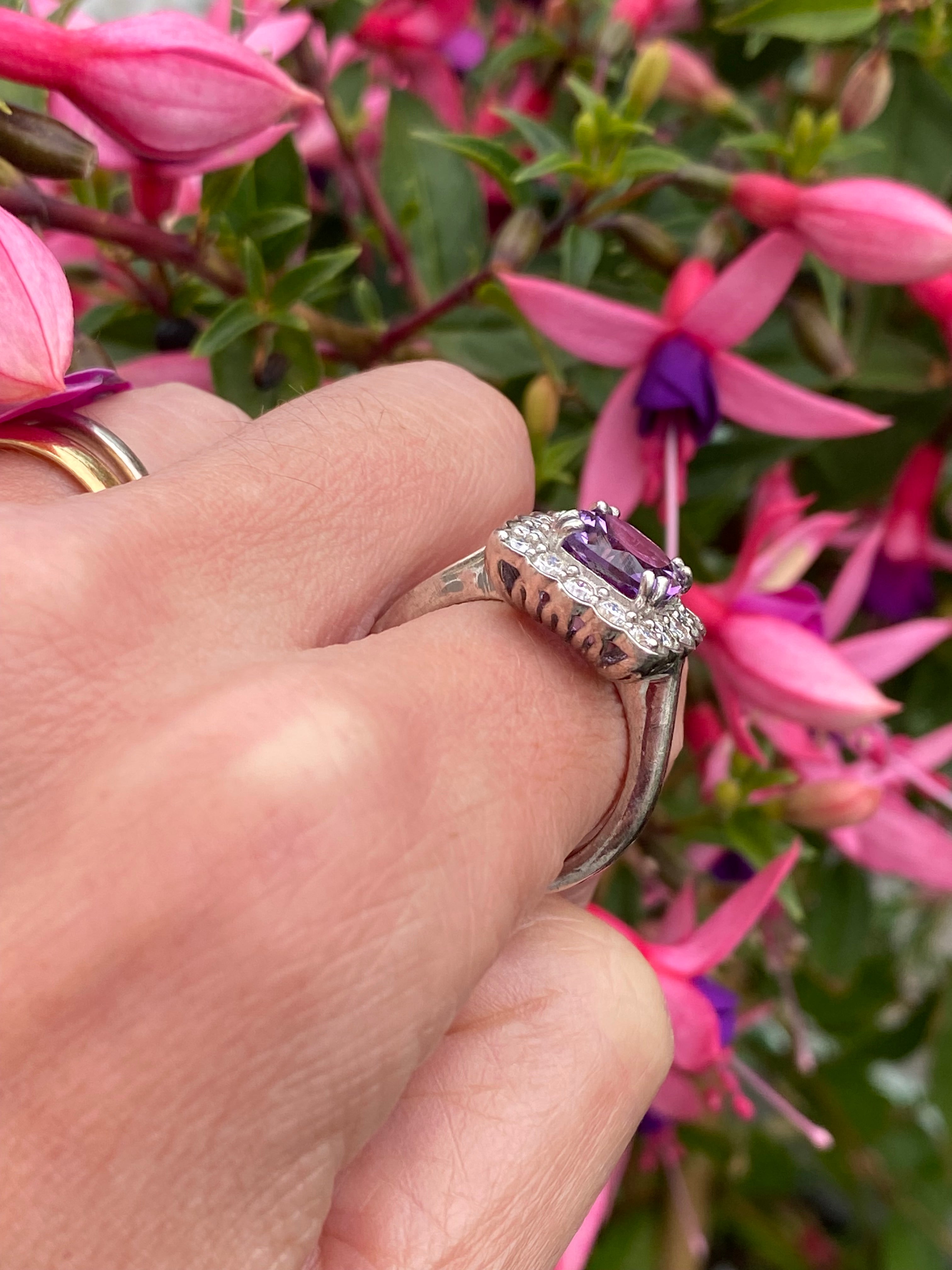 4.29 CTW Cushion Cut Amethyst and Moissanite Halo Cocktail Ring in Sterling Silver
