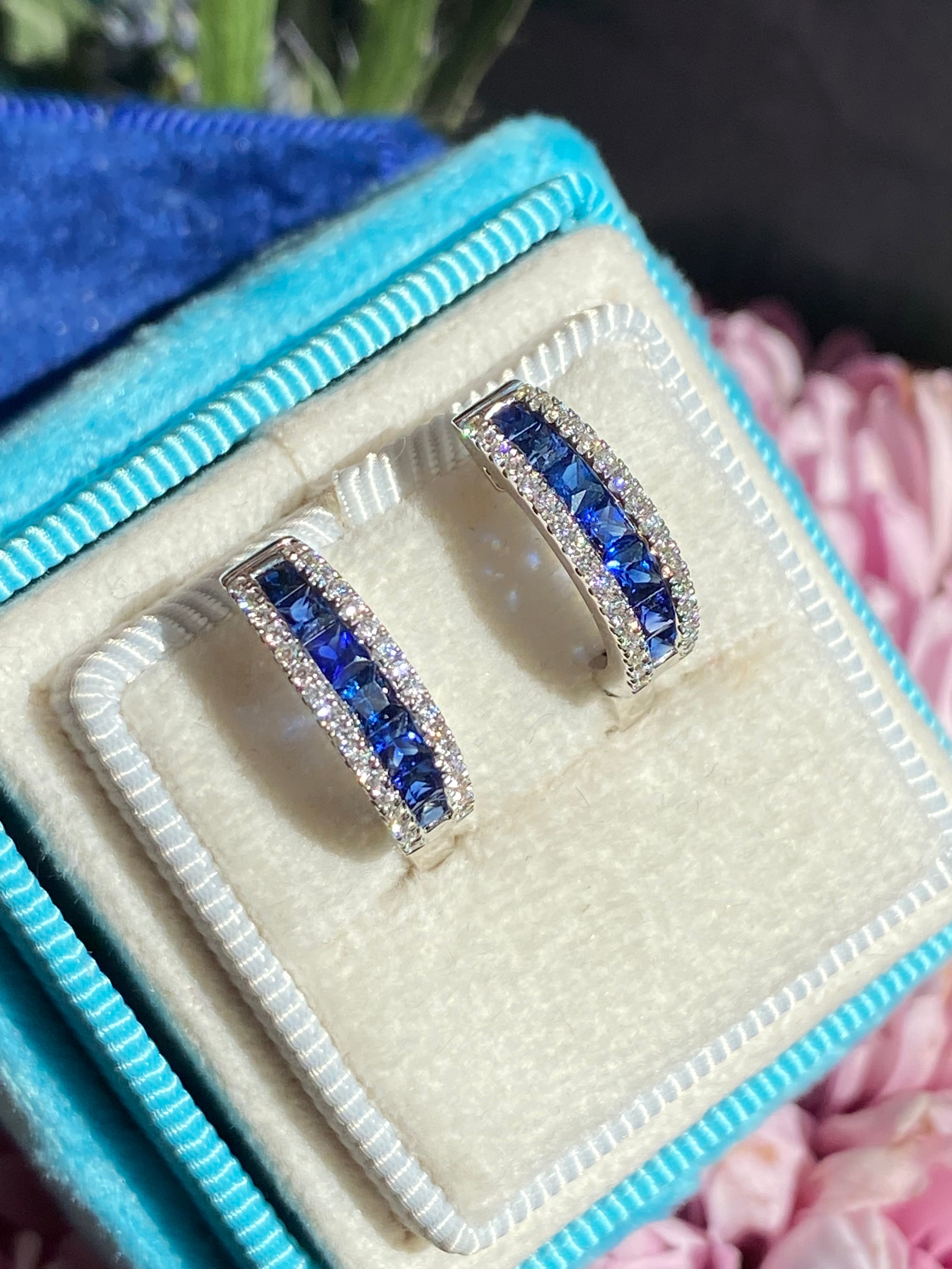 1.25 CTW Sapphire and Natural Diamond Hoop Earrings in 18ct White Gold