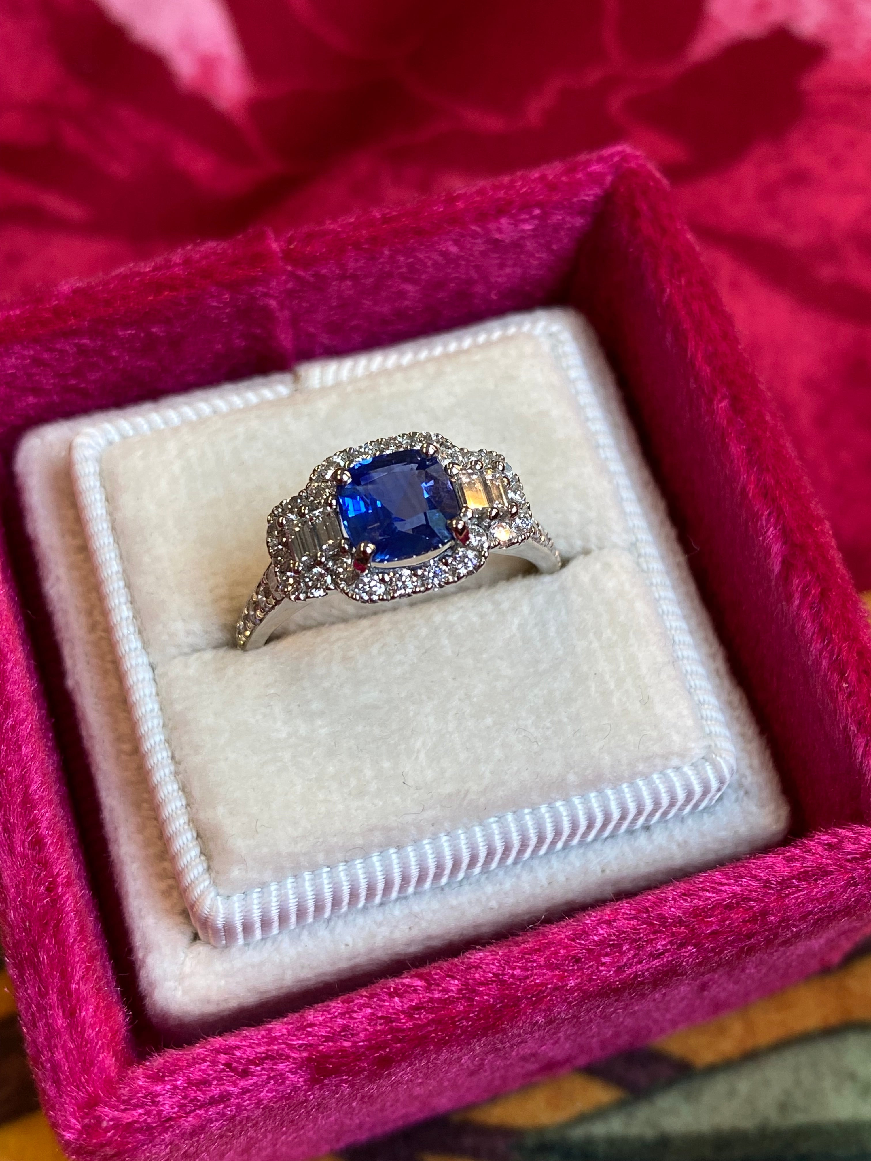 1.83 CTW Blue Ceylon Sapphire and Natural Diamond Three Stone Engagement Ring in Platinum
