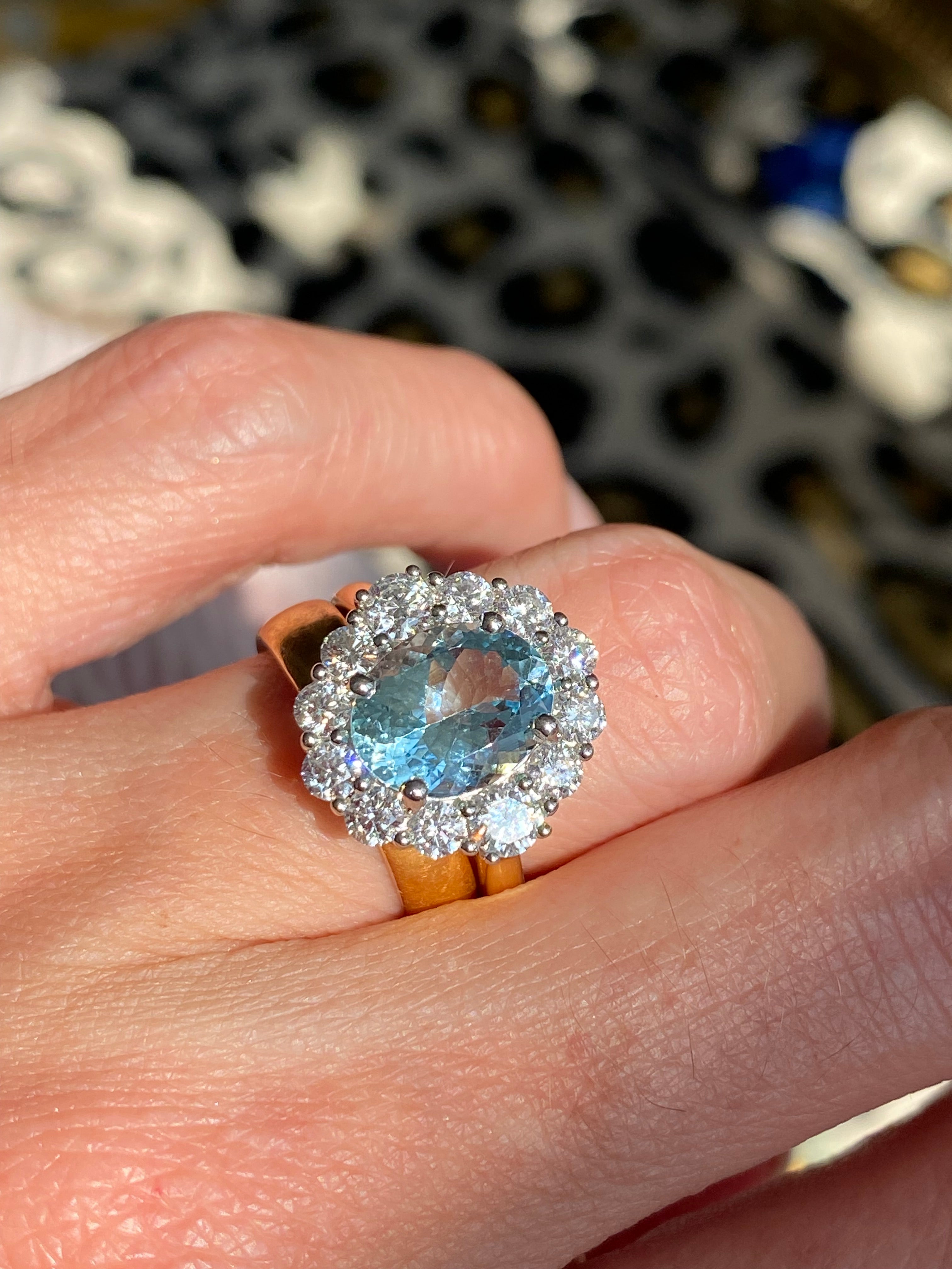 3.53 CTW Aquamarine and Natural Diamond Halo Ring in Platinum and 18ct Yellow Gold