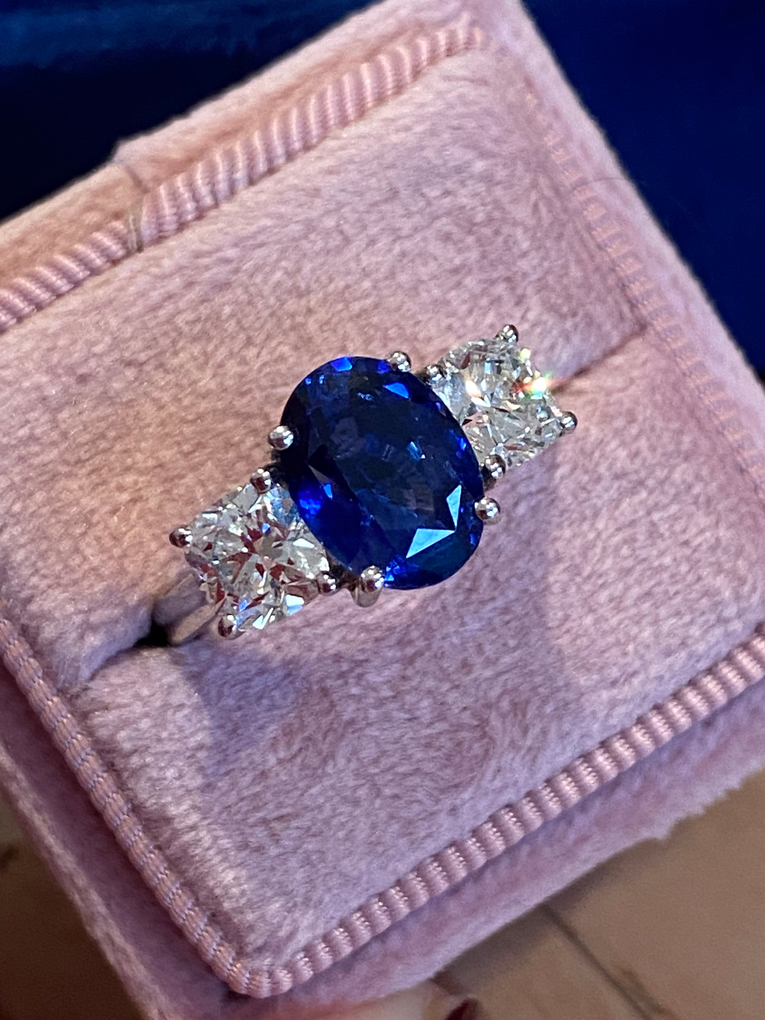 4.33 CTW Blue Ceylon Sapphire and Natural Diamond Three Stone Engagement Ring in Platinum