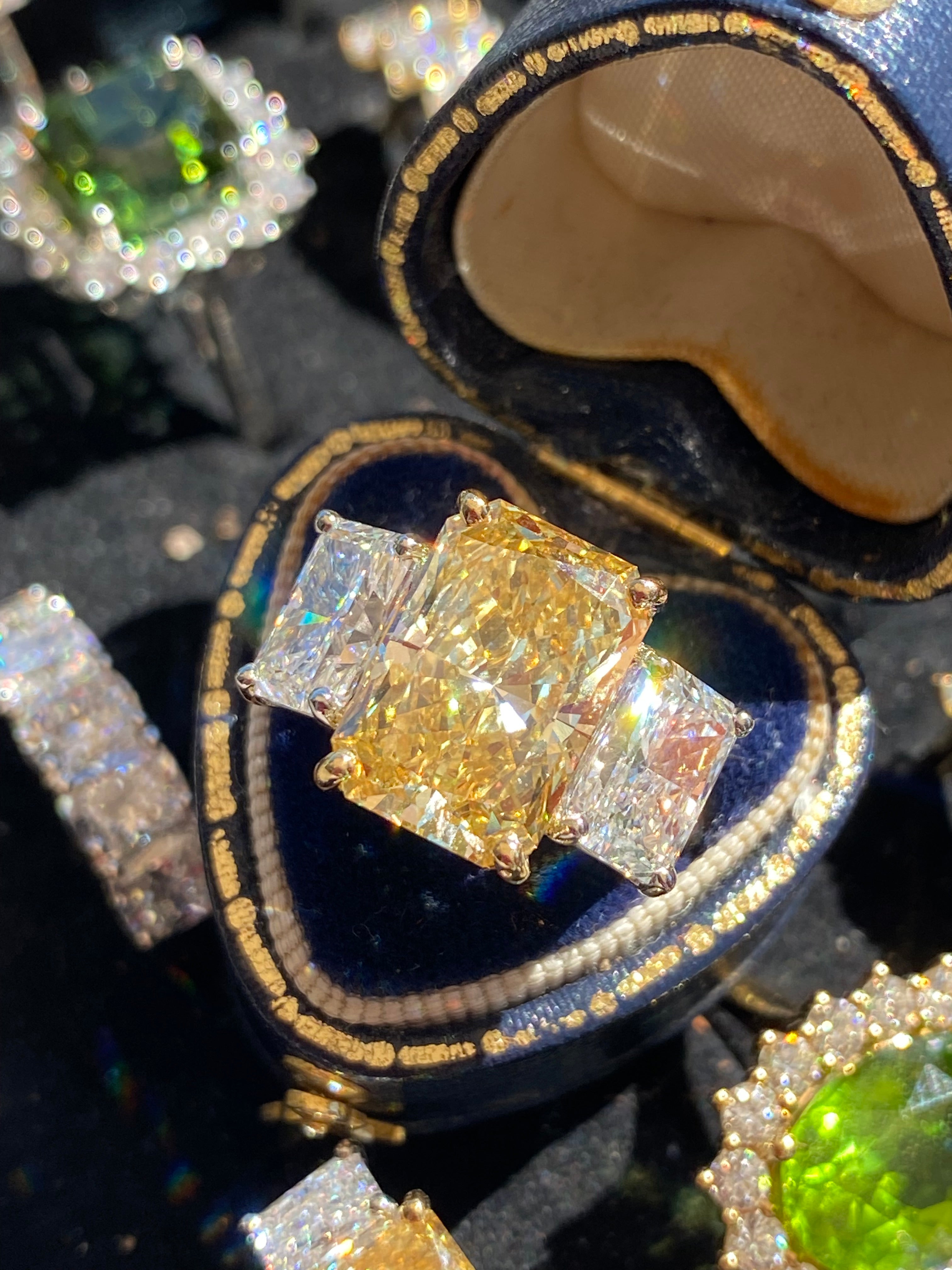 8.29 CTW Radiant Cut Fancy Yellow Lab Diamond Three Stone Engagement Ring in Platinum and 18ct Yellow Gold