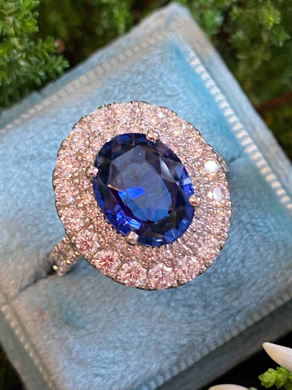 4.29 Carat Blue Ceylon Sapphire and 1.67 CTW Natural Diamond Halo Ring in Platinum