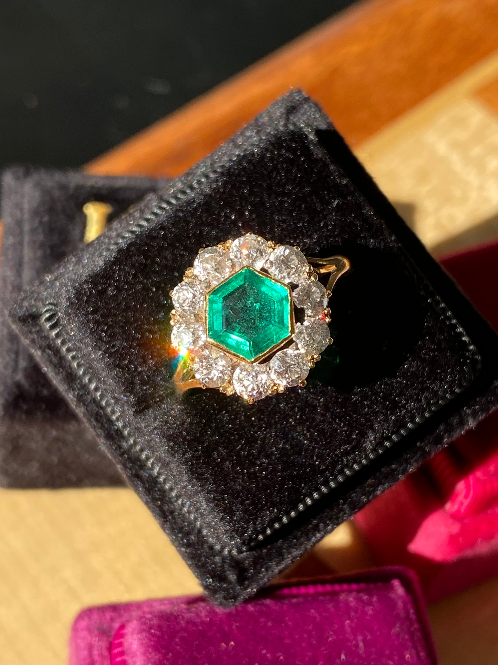 3.00 CTW Colombian Emerald and Old Cut Diamond Halo Ring in 18ct Yellow Gold