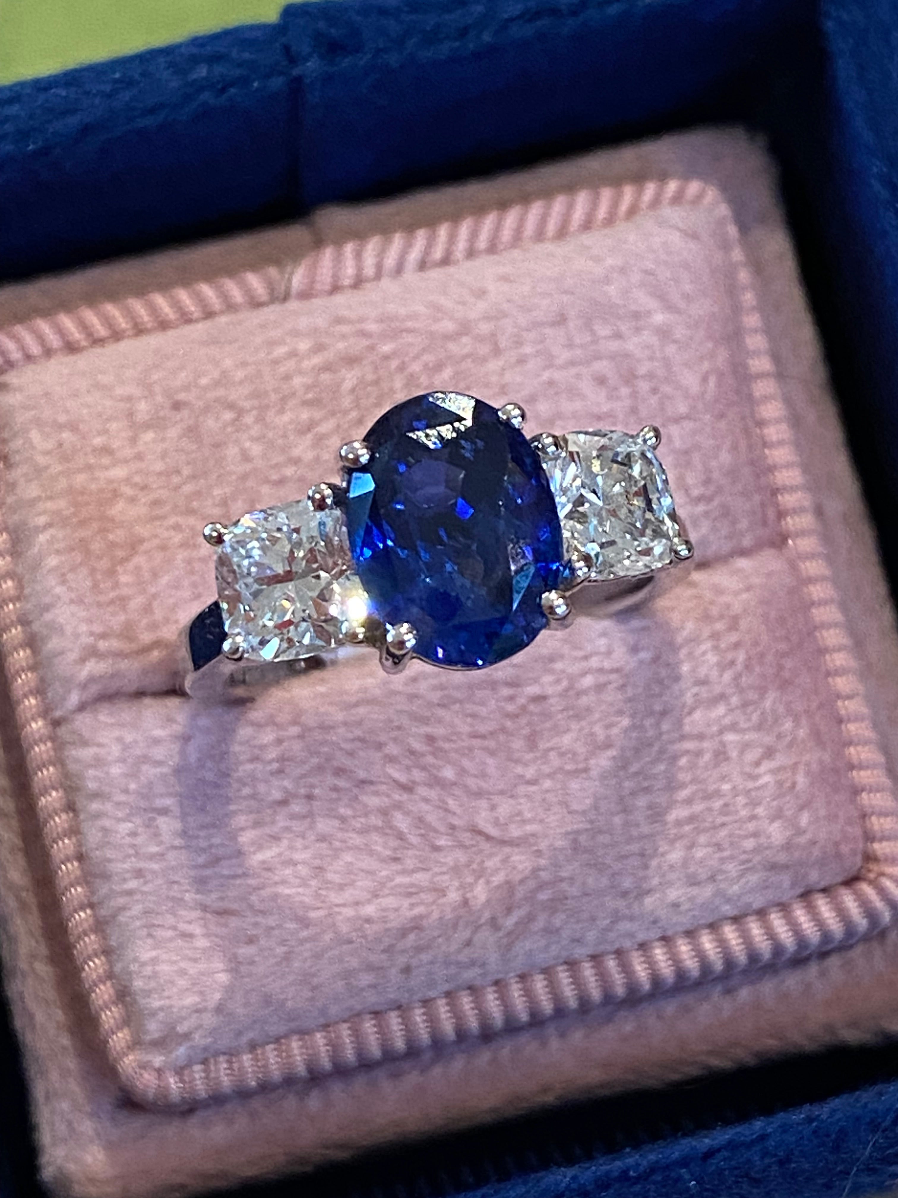 4.33 CTW Blue Ceylon Sapphire and Natural Diamond Three Stone Engagement Ring in Platinum