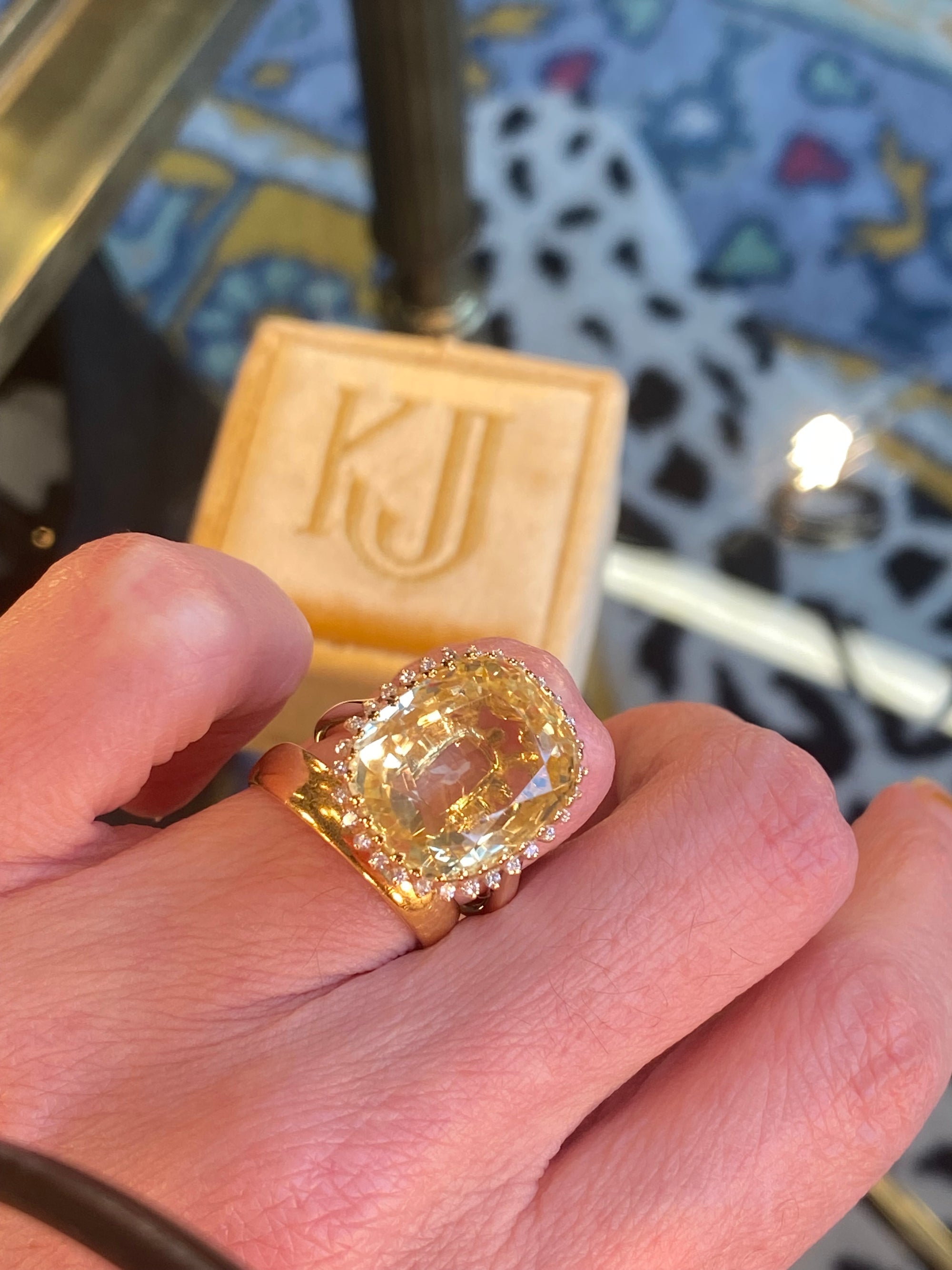 Masterpiece 19.23 Carat Certified Antique Unheated Yellow Sapphire and Diamond Ring