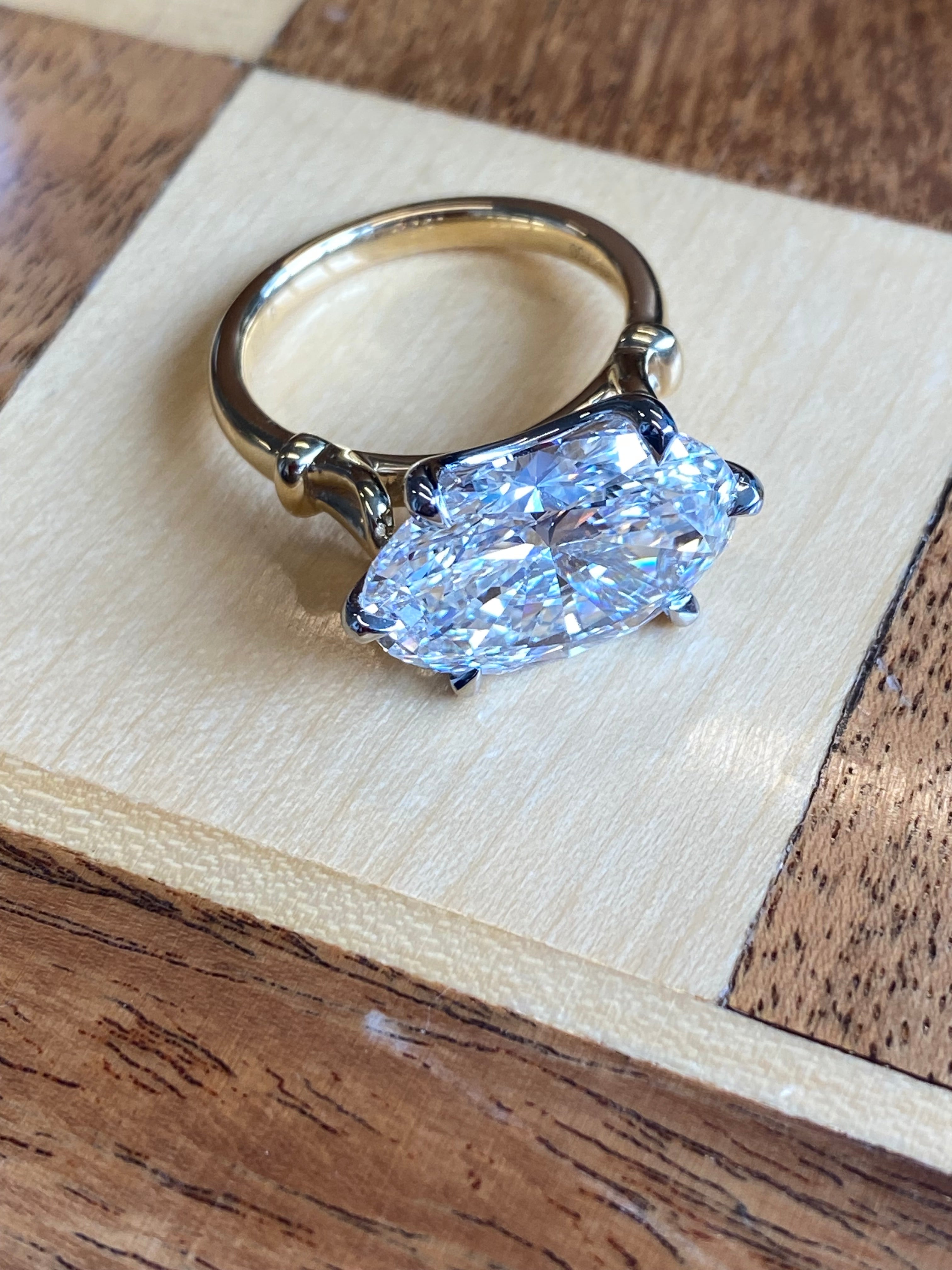 8.01 Carat Oval Cut Lab Diamond East West Solitaire Engagement Ring in 18ct Yellow Gold and Platinum