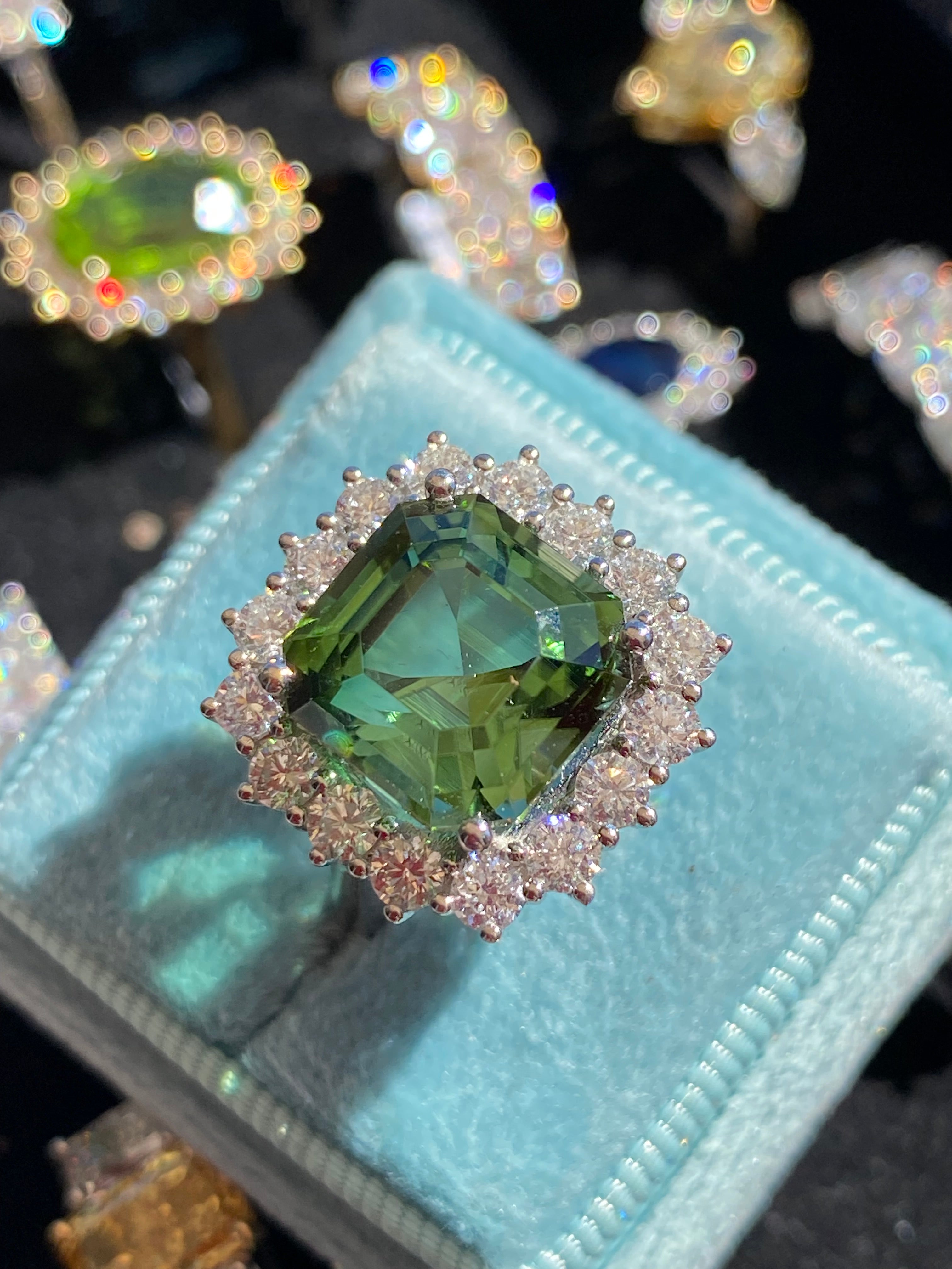 8.44 Carat Asscher Cut Green Tourmaline and 1.38ctw Natural Diamond Ring in Platinum
