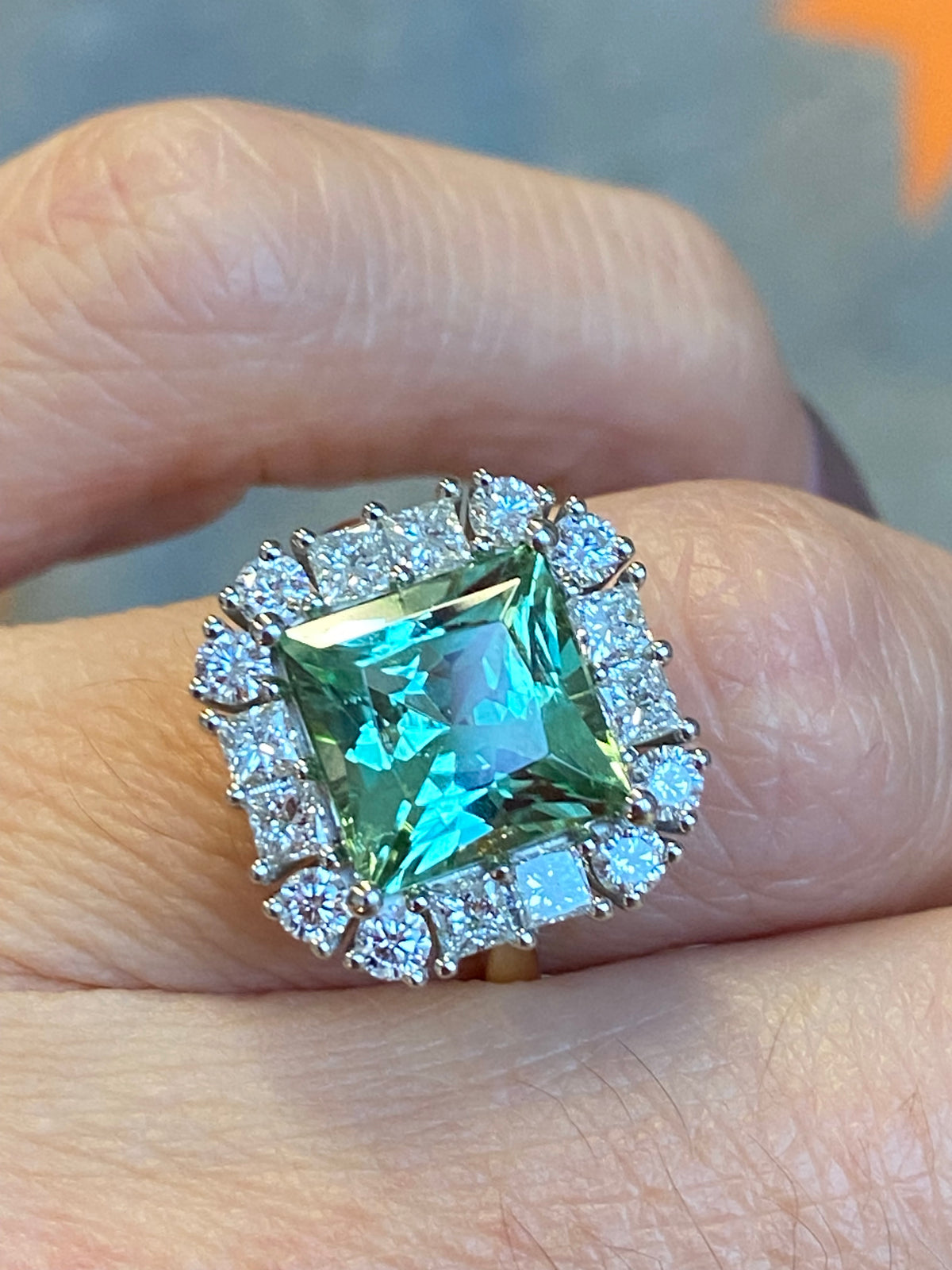 4.73 CTW Princess Cut Mint Tourmaline and Natural Diamond Ring in Platinum and 18ct Yellow Gold