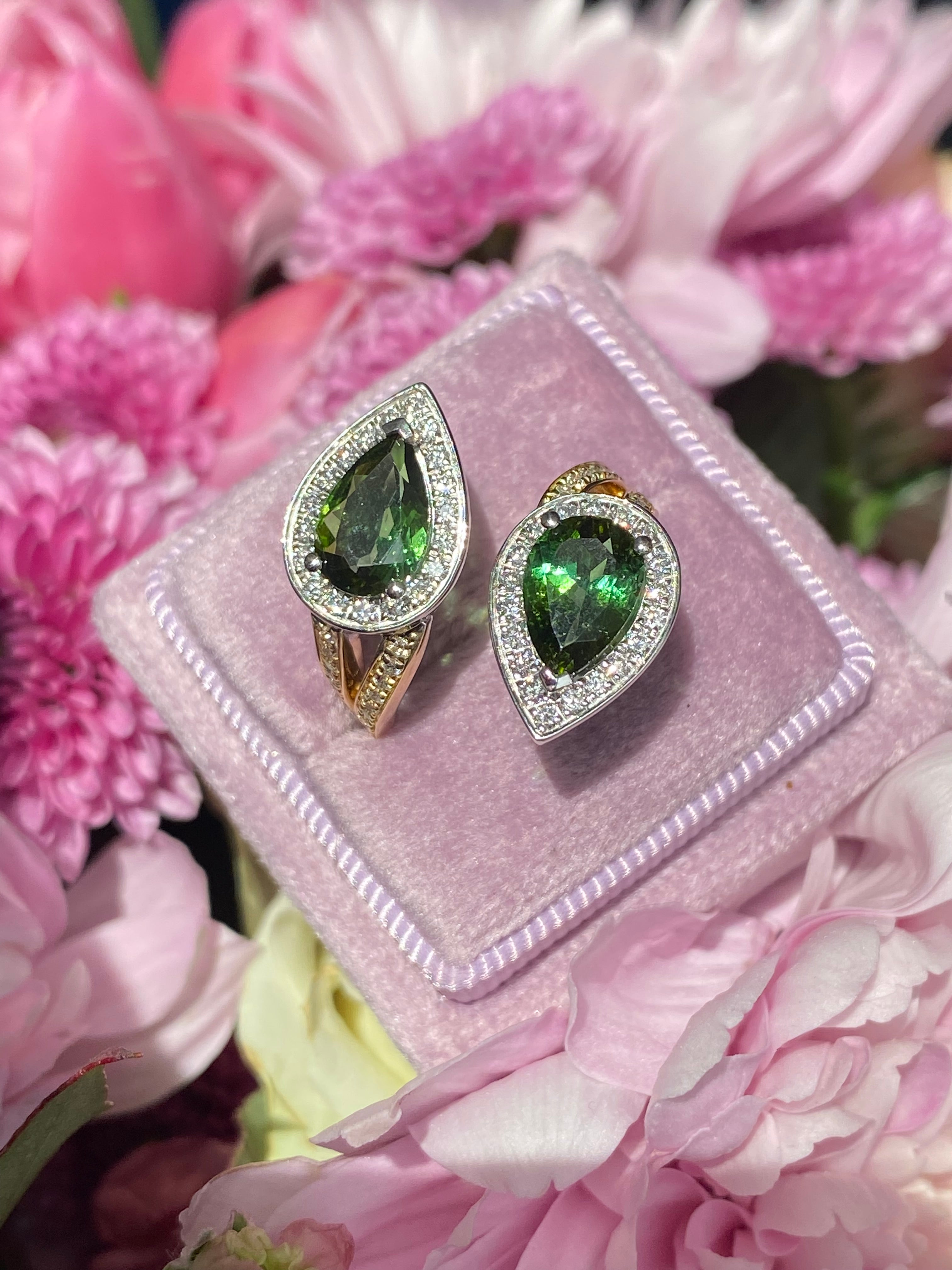 2.60 Carat Green Tourmaline and Diamond Bypass Ring in Platinum and 18ct Yellow Gold