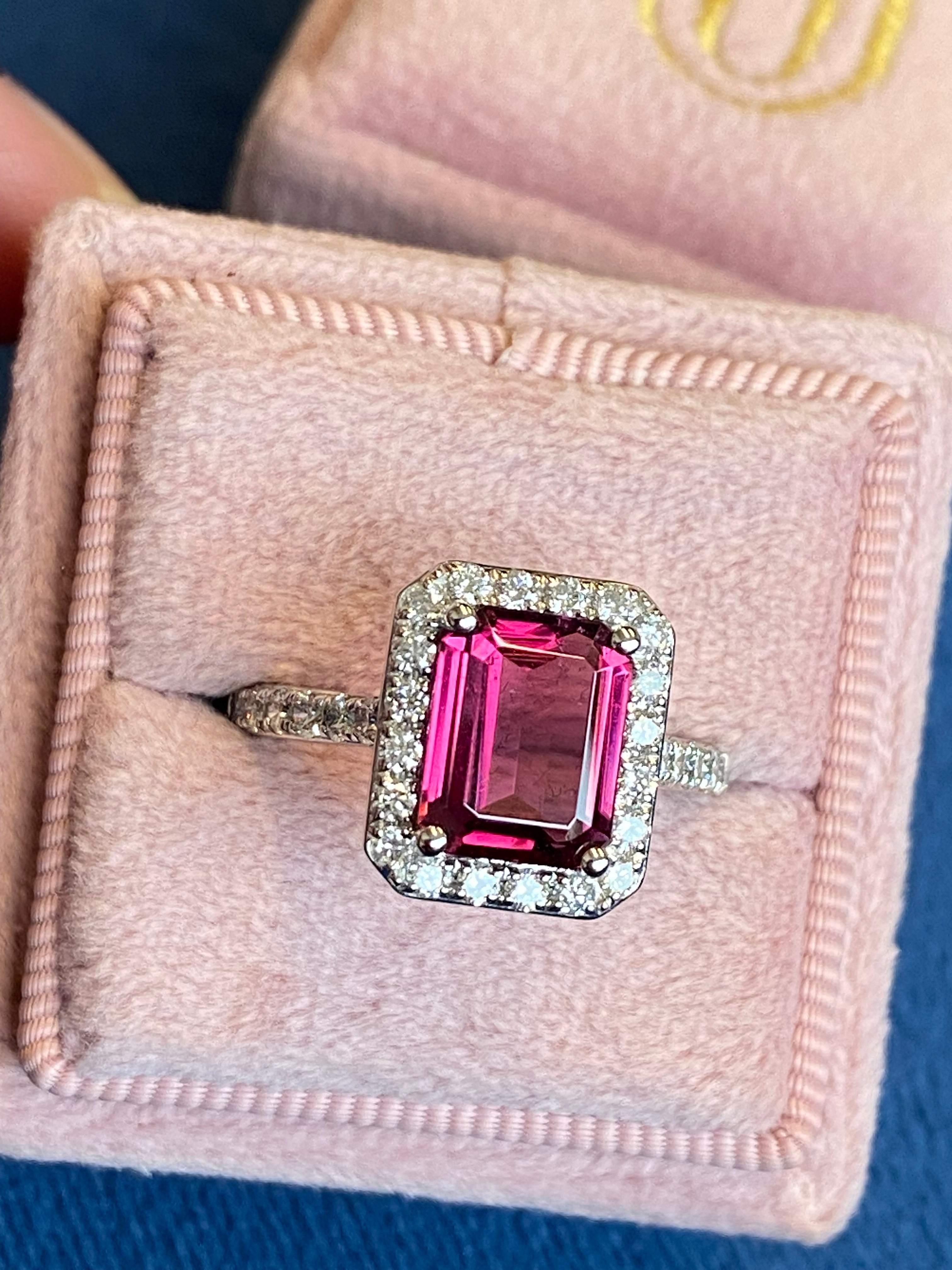 2.71 CTW Emerald Cut Pink Tourmaline and Natural Diamond Halo Ring in Platinum