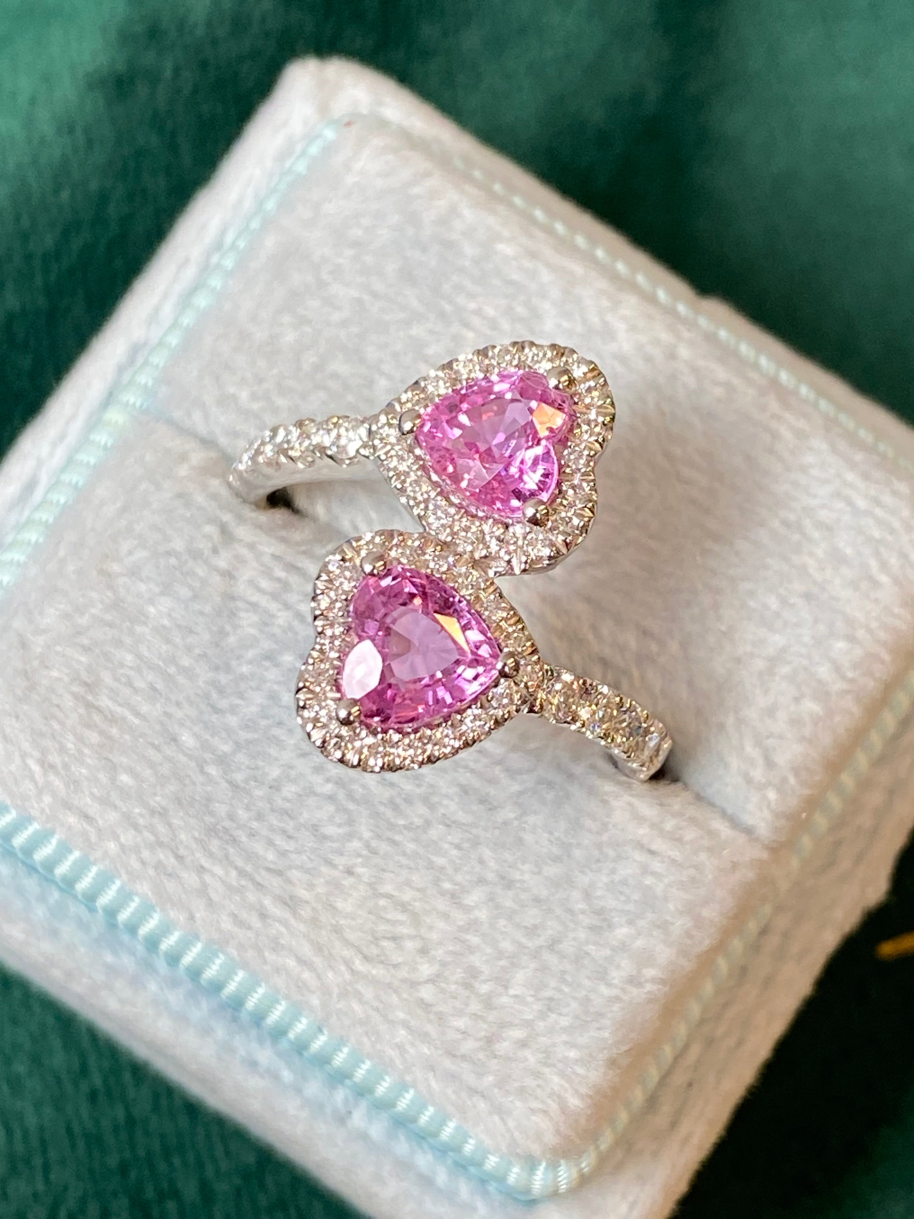 1.92 CTW Heart Shape Pink Sapphire and Natural Diamond Toi et Moi Ring in Platinum